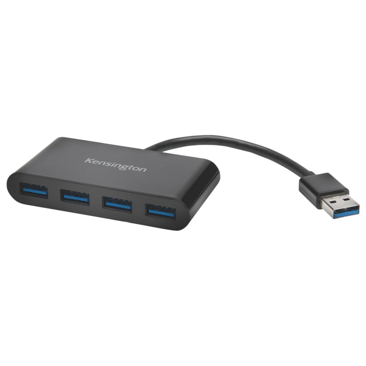 Hub USB Kensington nero con quattro porte USB blu e un cavo nero collegato.
