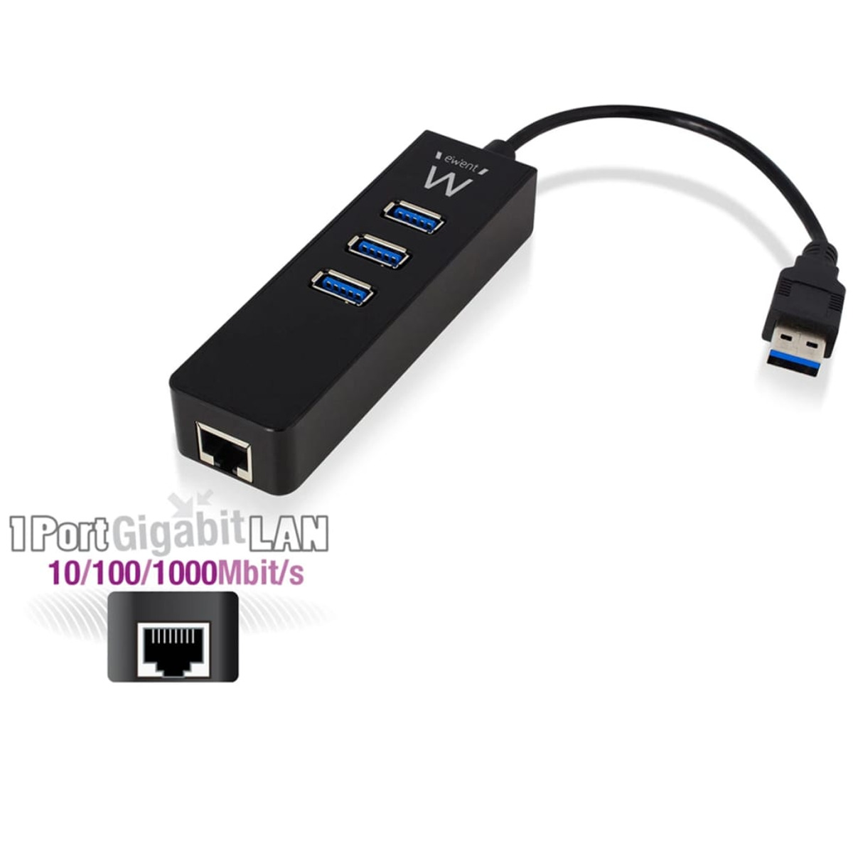 Un hub USB nero con 3 porte USB e una porta Gigabit LAN.