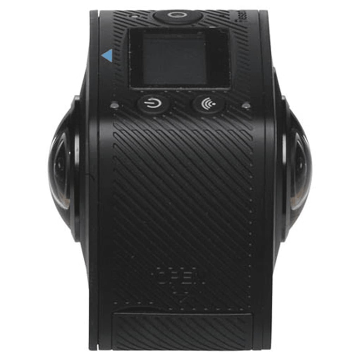 Czarna kamera 360 stopni z wieloma obiektywami i przyciskami. Posiada ekran.