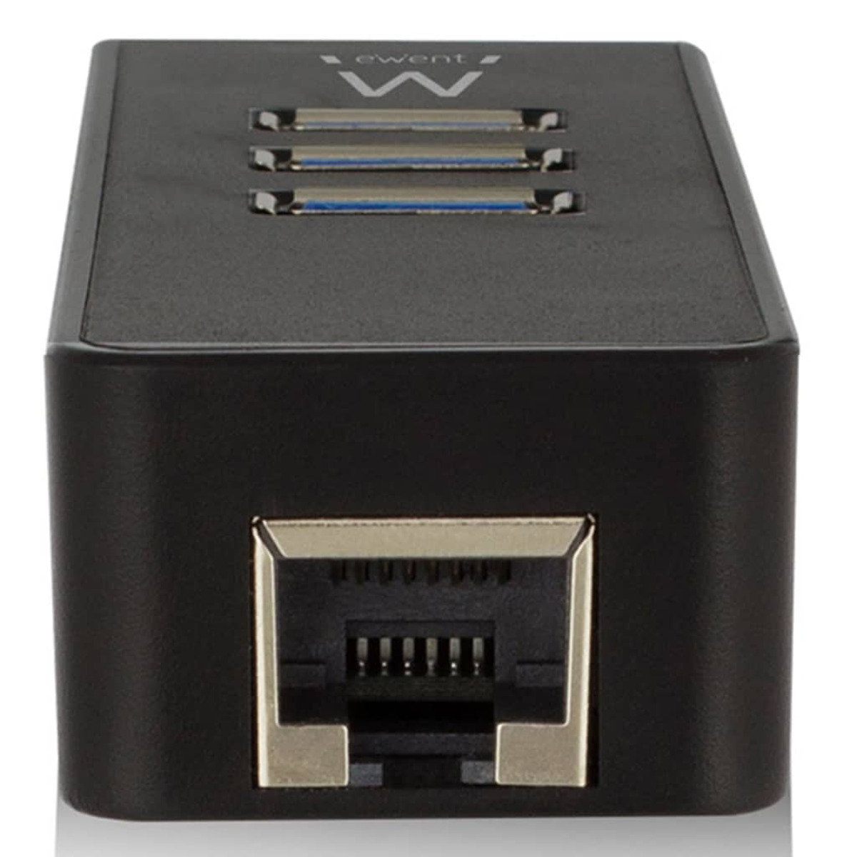 Adattatore ewent nero con porta ethernet e tre porte a strisce blu. Il logo è visibile.