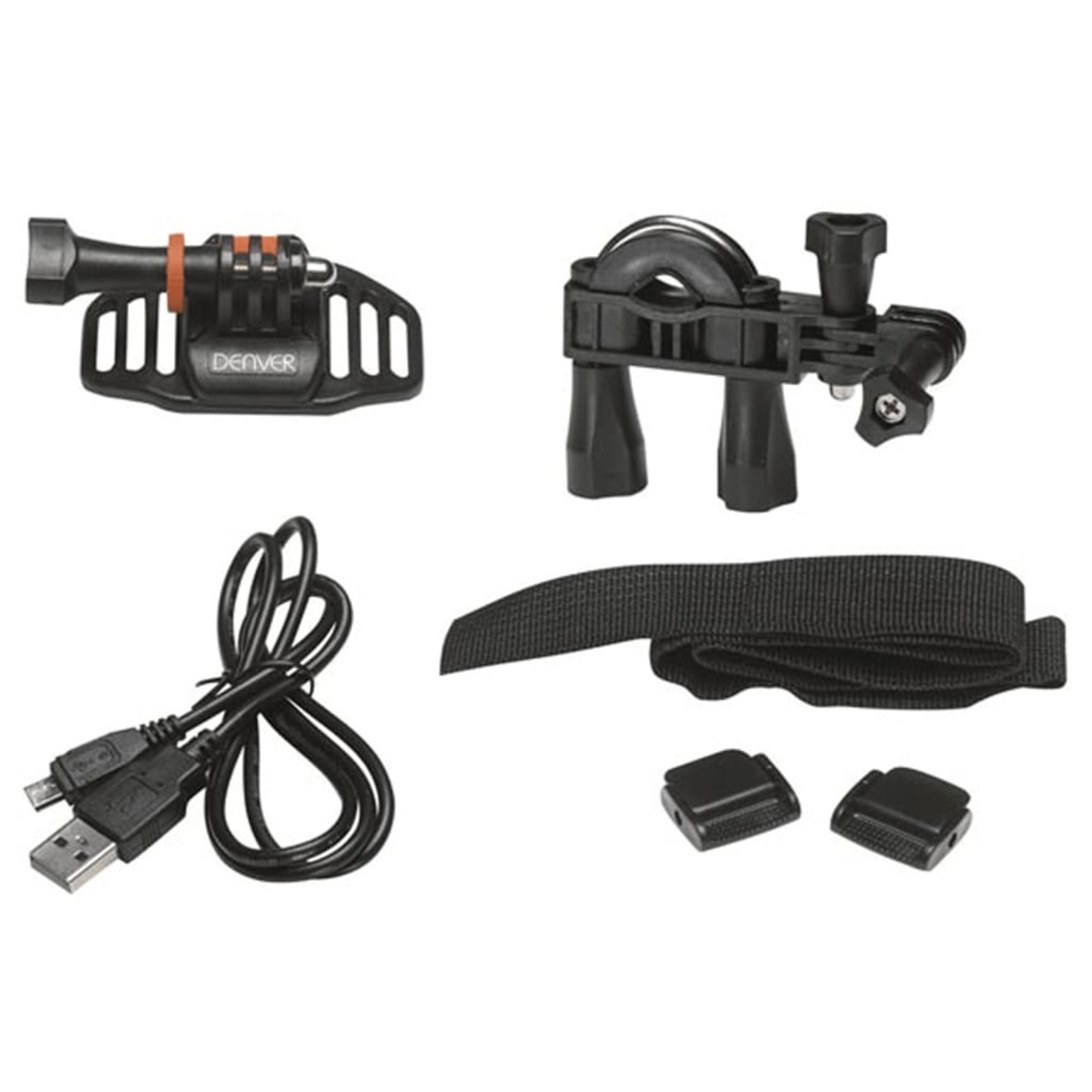 Akcesoria GoPro: uchwyt, pasek, kabel ładujący i dwa czarne klipsy na białym tle.