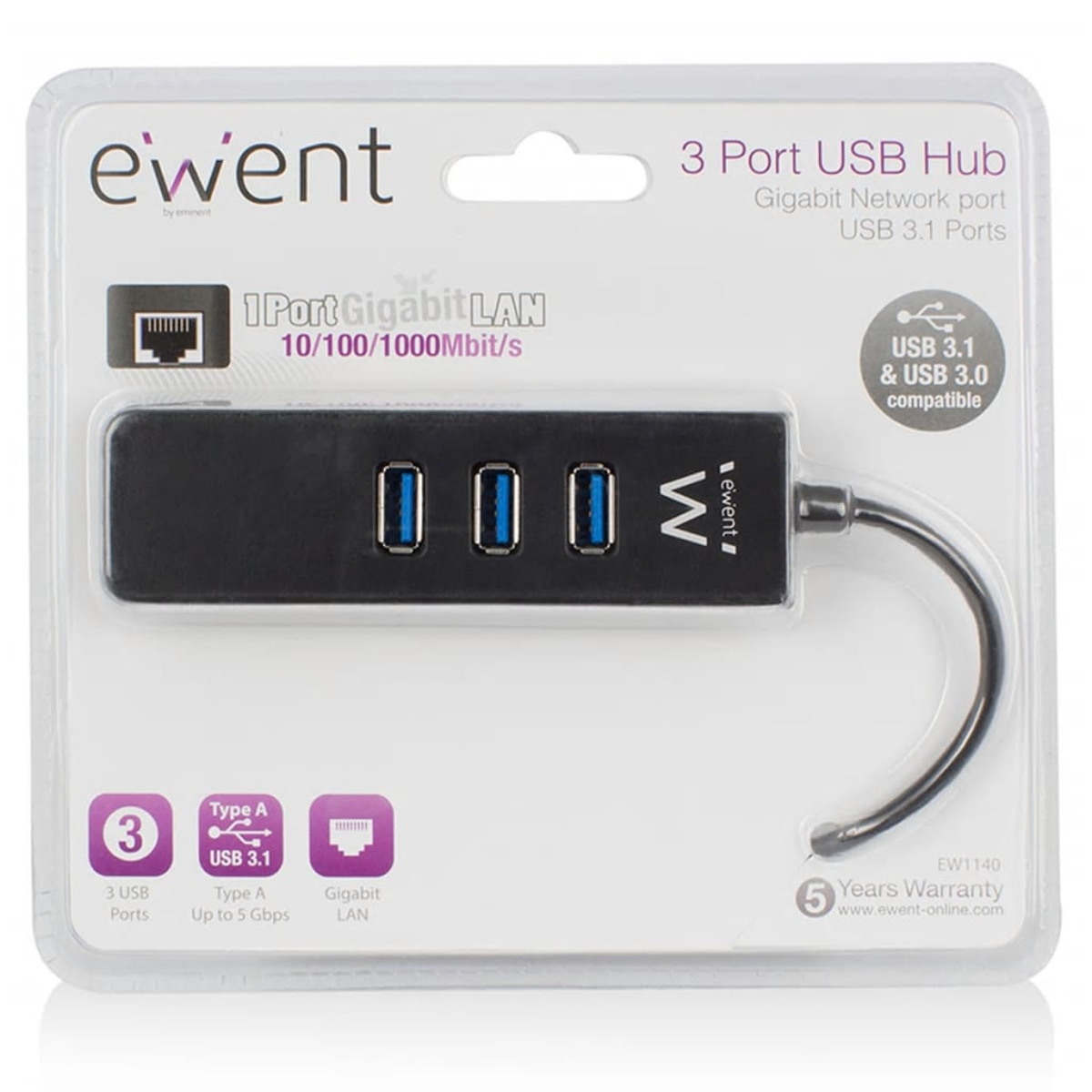 Un hub USB nero con tre porte USB e una porta LAN Gigabit, confezionato in una scatola di plastica trasparente.
