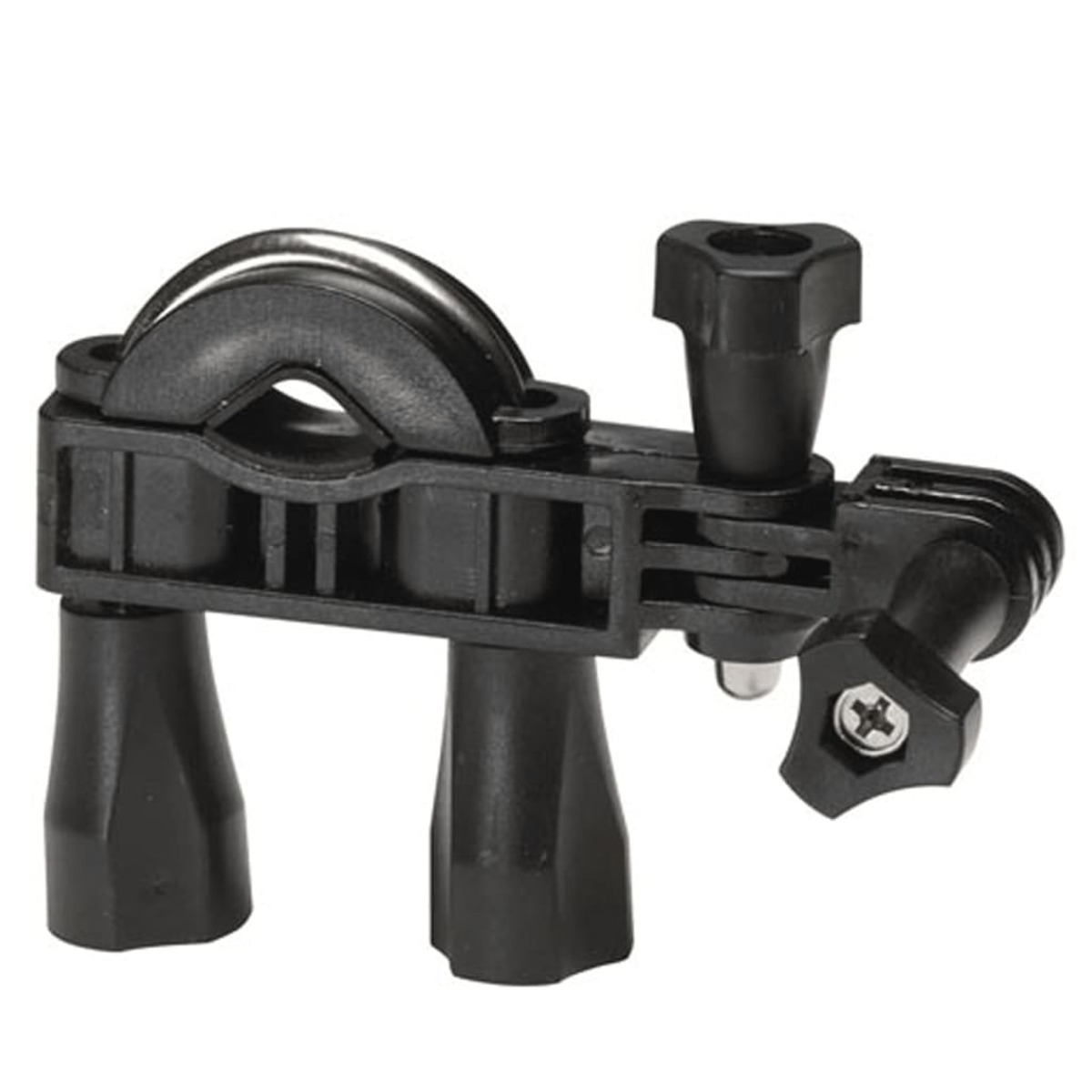 Czarny uchwyt GoPro z różnymi regulowanymi elementami. Białe tło.