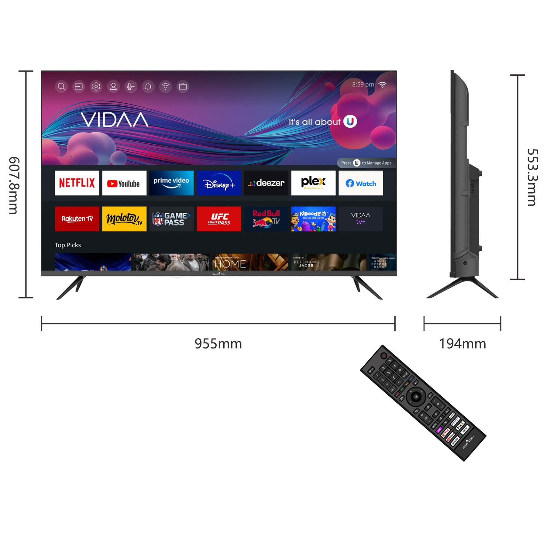 Telewizor z płaskim ekranem z pilotem i wymienionymi wymiarami.