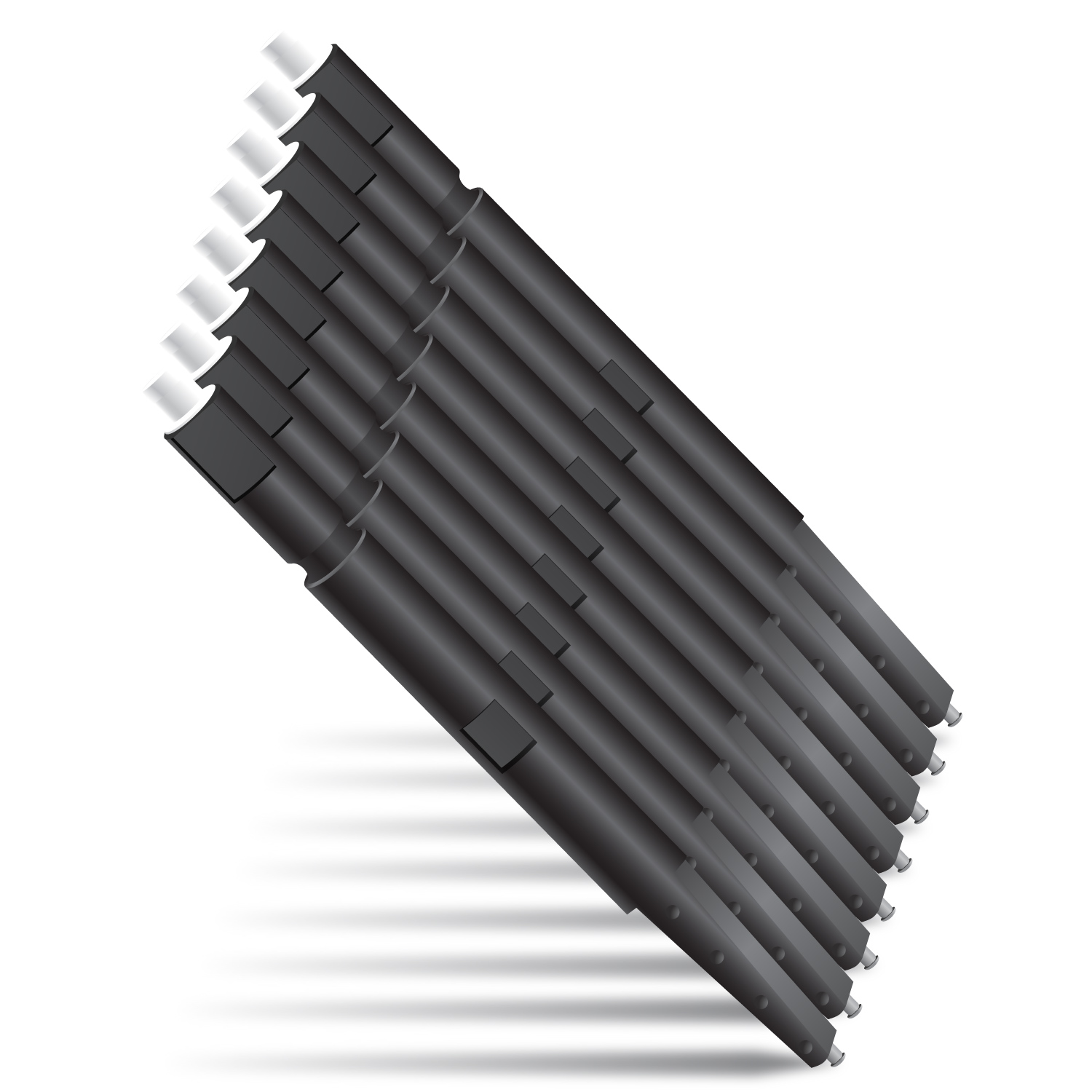 Mehrere schwarze, zylindrische Teile mit weißen Spitzen sind diagonal angeordnet.