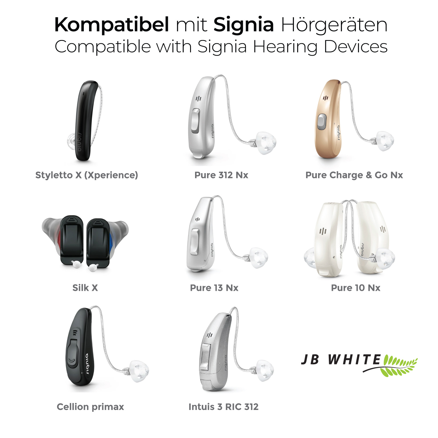 Hörgeräte mit verschiedenen Modellen, weißer Hintergrund.