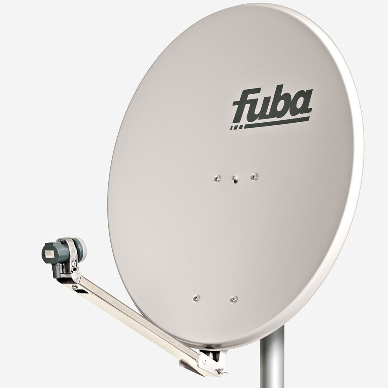 Eine silberne Satellitenschüssel mit dem Wort 'fuba'.