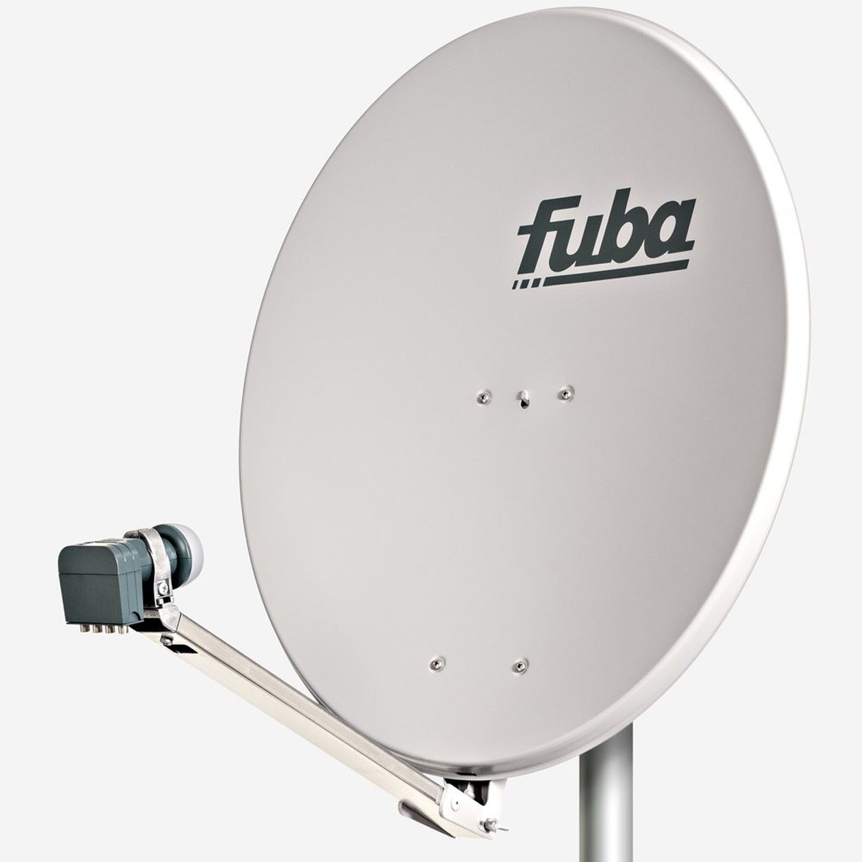 Eine silberne Satellitenschüssel mit dem Wort 'fuba'.