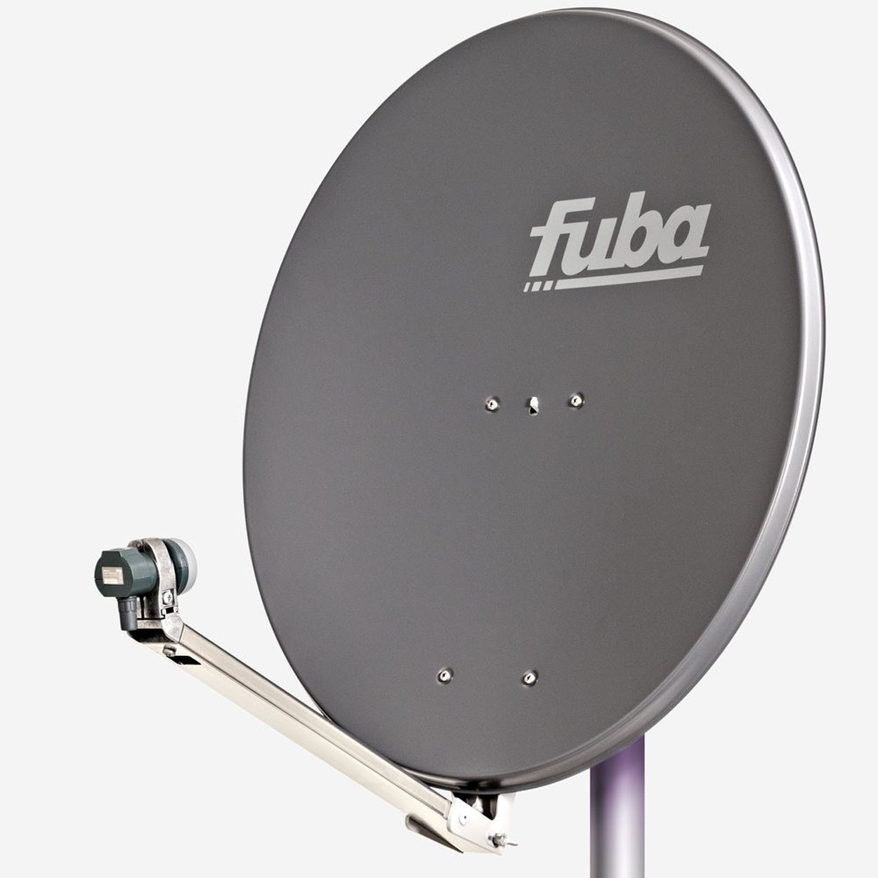 Graue Satellitenschüssel mit Logo. Weißer Hintergrund.