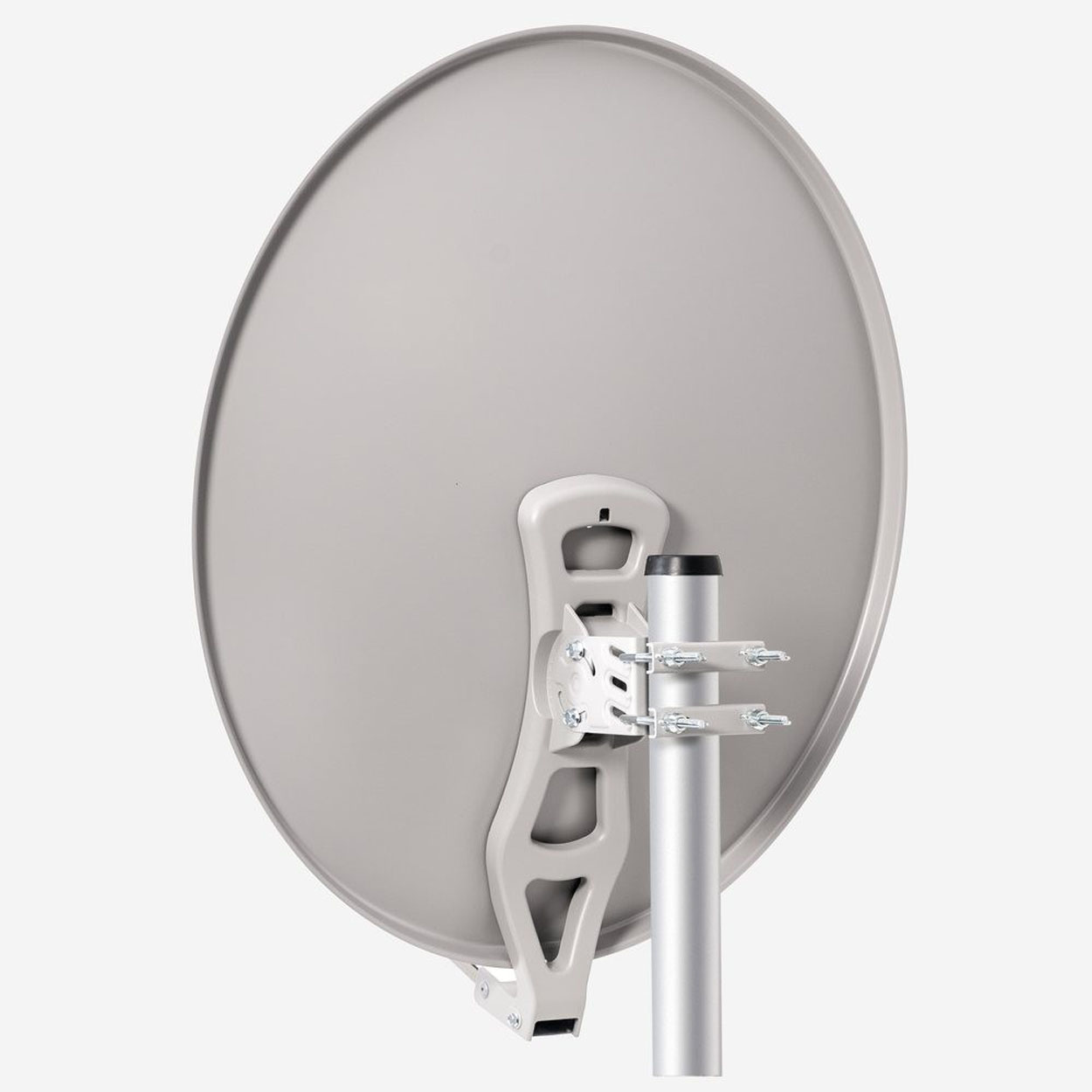 Eine graue Satellitenschüssel, an einer Stange montiert, vor weißem Hintergrund.