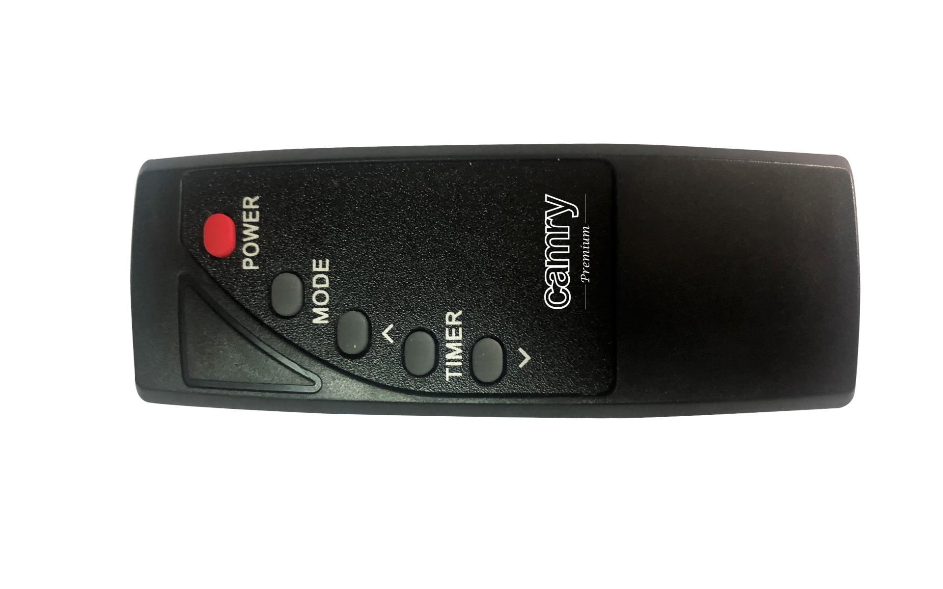 Czarny pilot z przyciskami zasilania, trybu i timera, z logo marki.