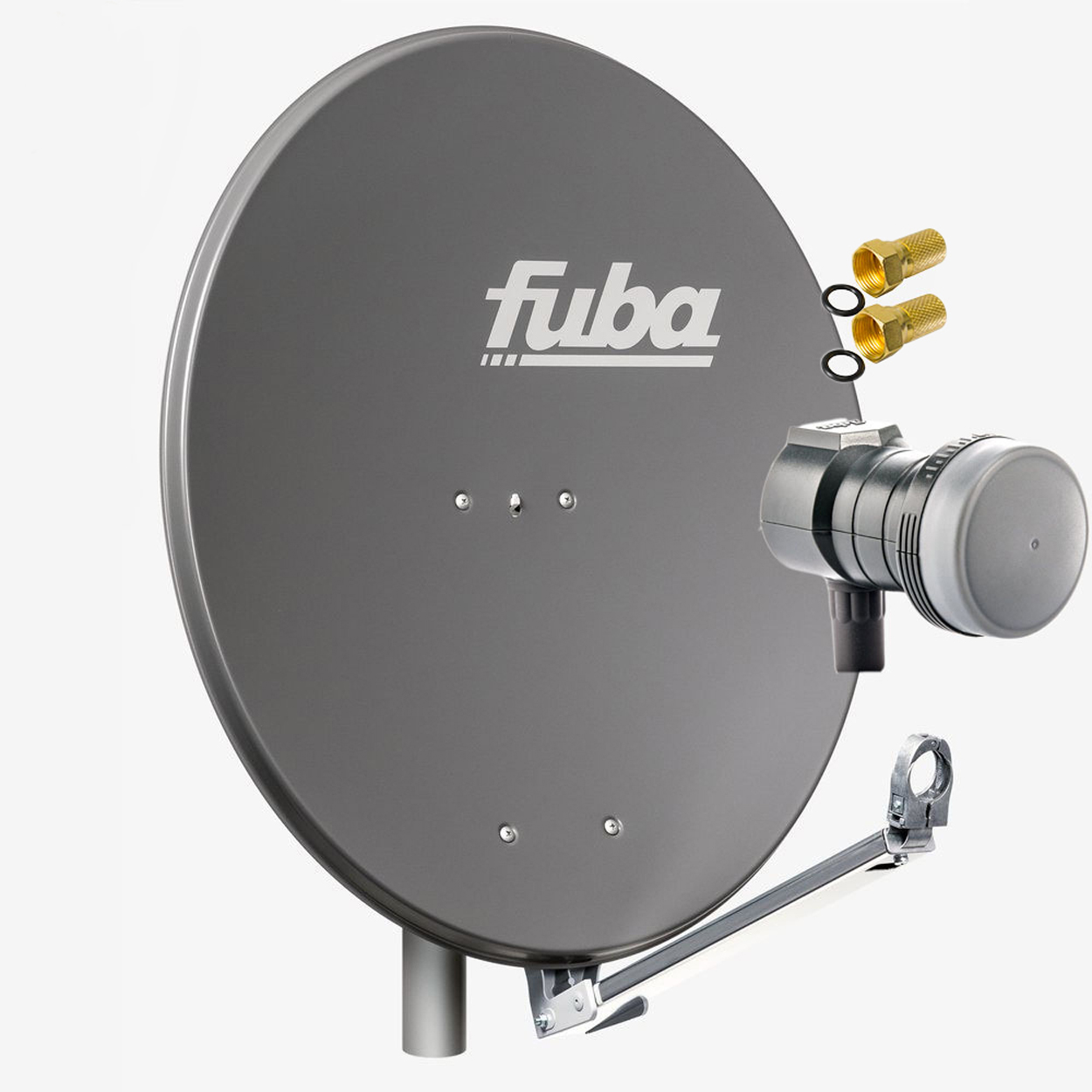 Graue Satellitenschüssel mit der Marke 'fuba' und zwei goldenen Anschlüssen auf der rechten Seite.