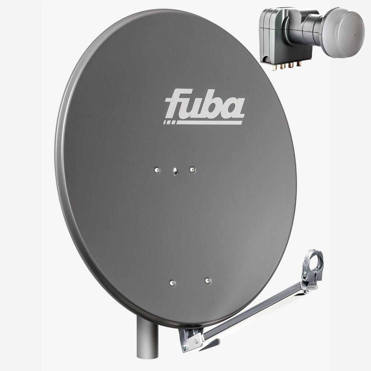 Eine graue Satellitenschüssel mit dem Markennamen 'fuba' und einem Empfänger.