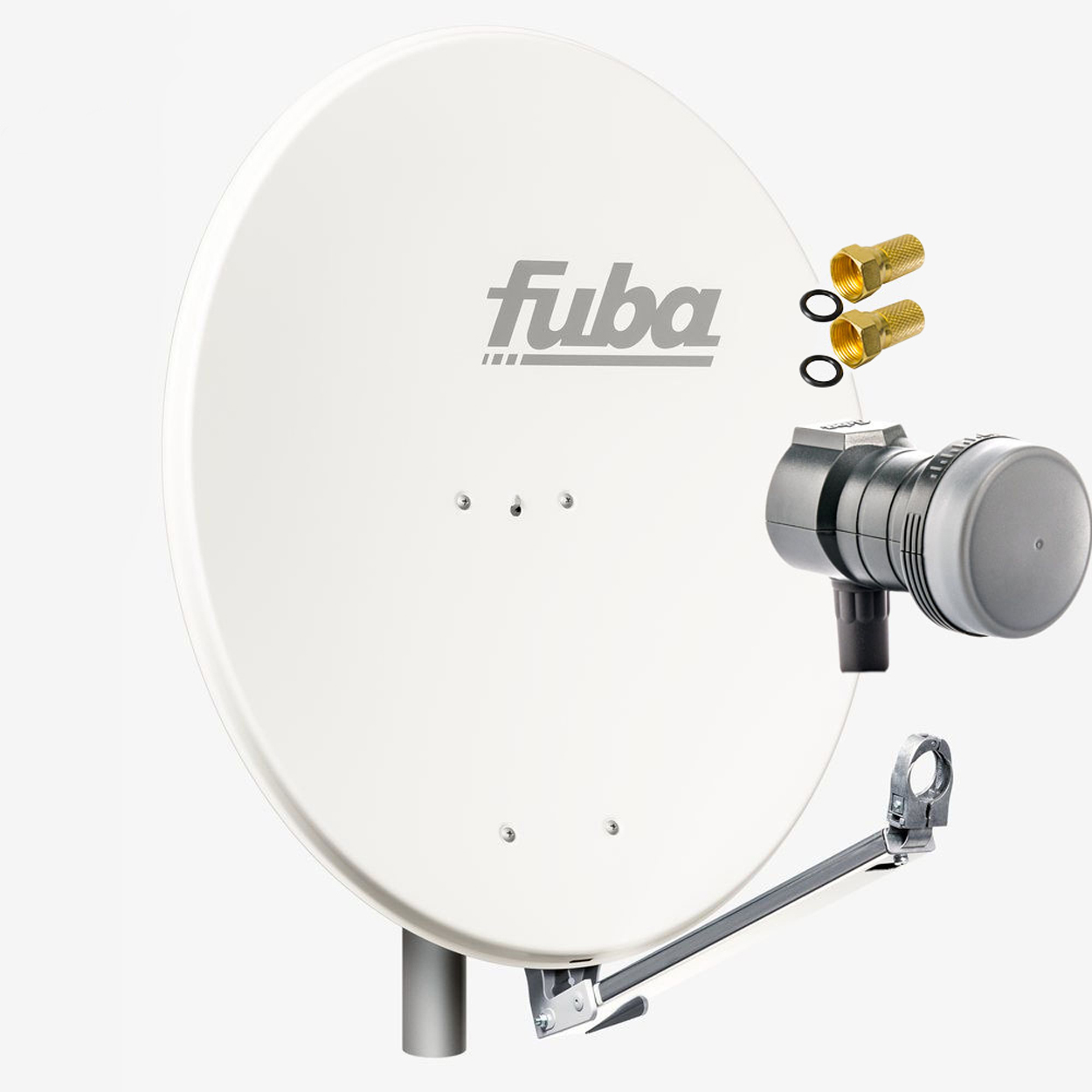 Eine weiße Satellitenschüssel mit einer silbernen Antenne und zwei goldenen Anschlüssen auf weißem Hintergrund.