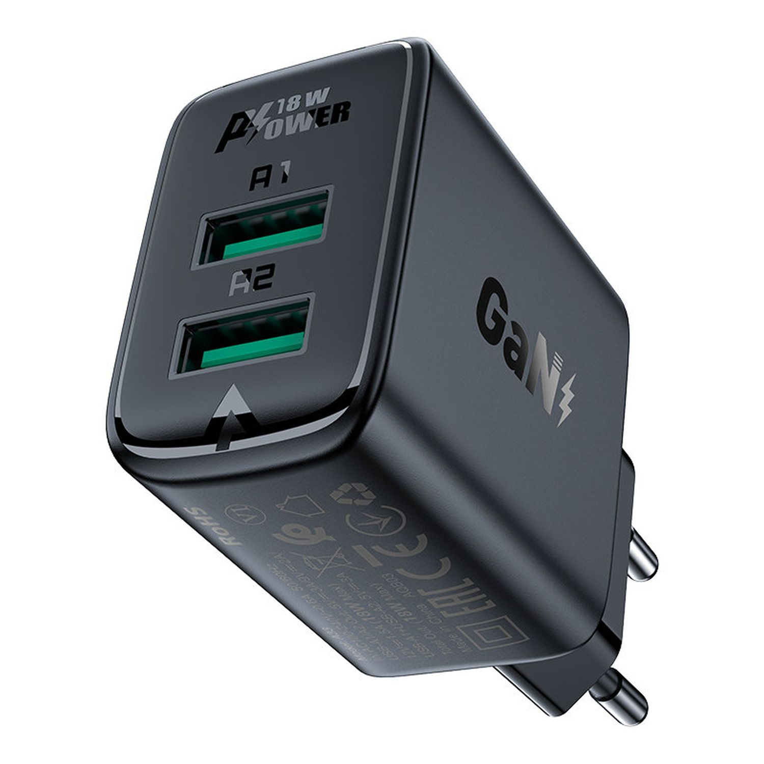 Ein schwarzes Wandladegerät mit zwei USB-Anschlüssen. Es trägt die Aufschrift 'A1 18W Power' und 'GaN'.