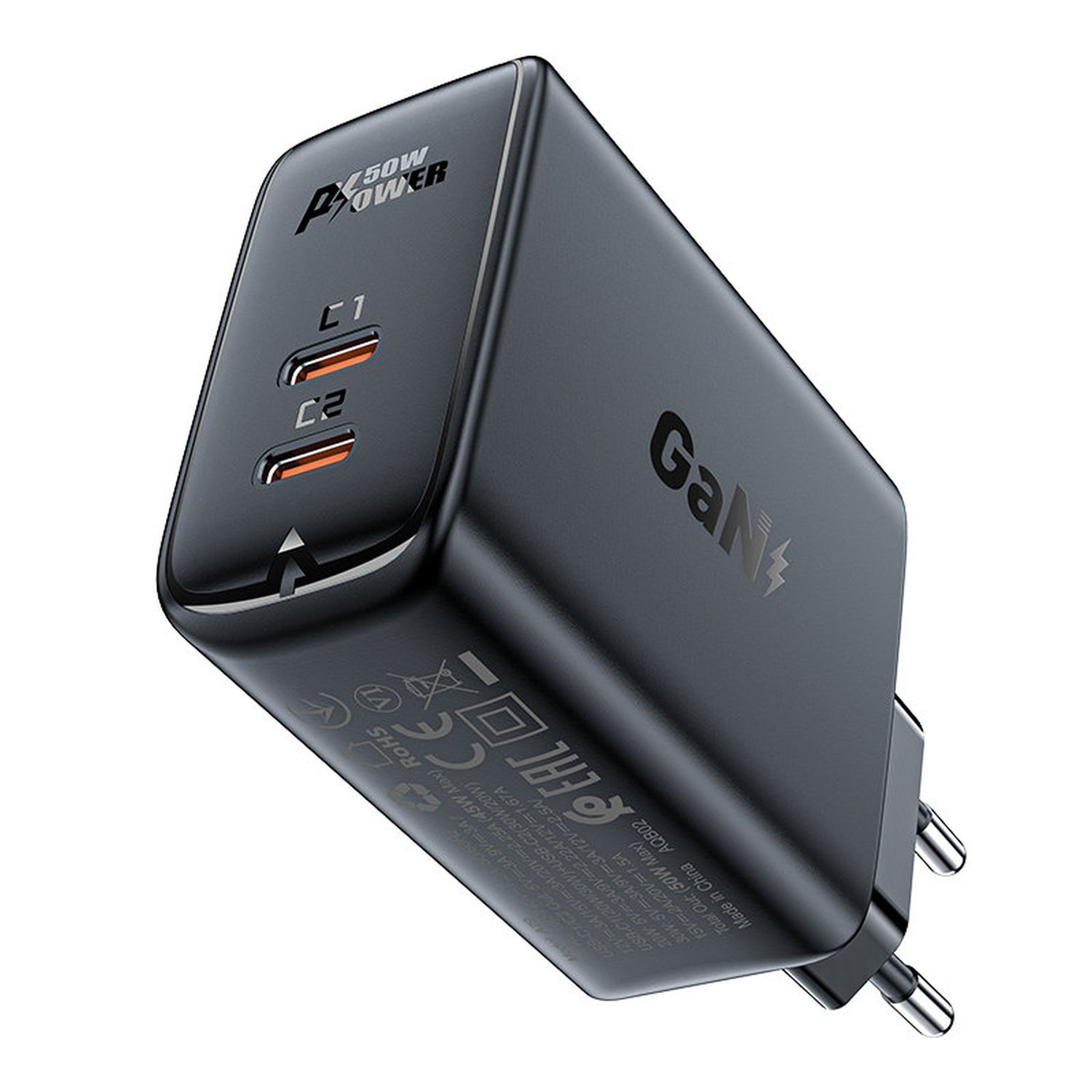 Schwarzes Netzteil mit zwei USB-C-Anschlüssen, beschriftet mit 'GaN'.