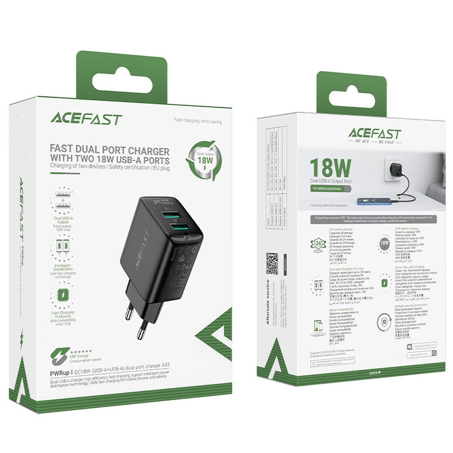 Zwei Ladegeräte-Boxen. Text: Schnelles Dual-Port-Ladegerät mit zwei USB-A-Anschlüssen. 18W Dual USB-A Ausgangsanschluss.