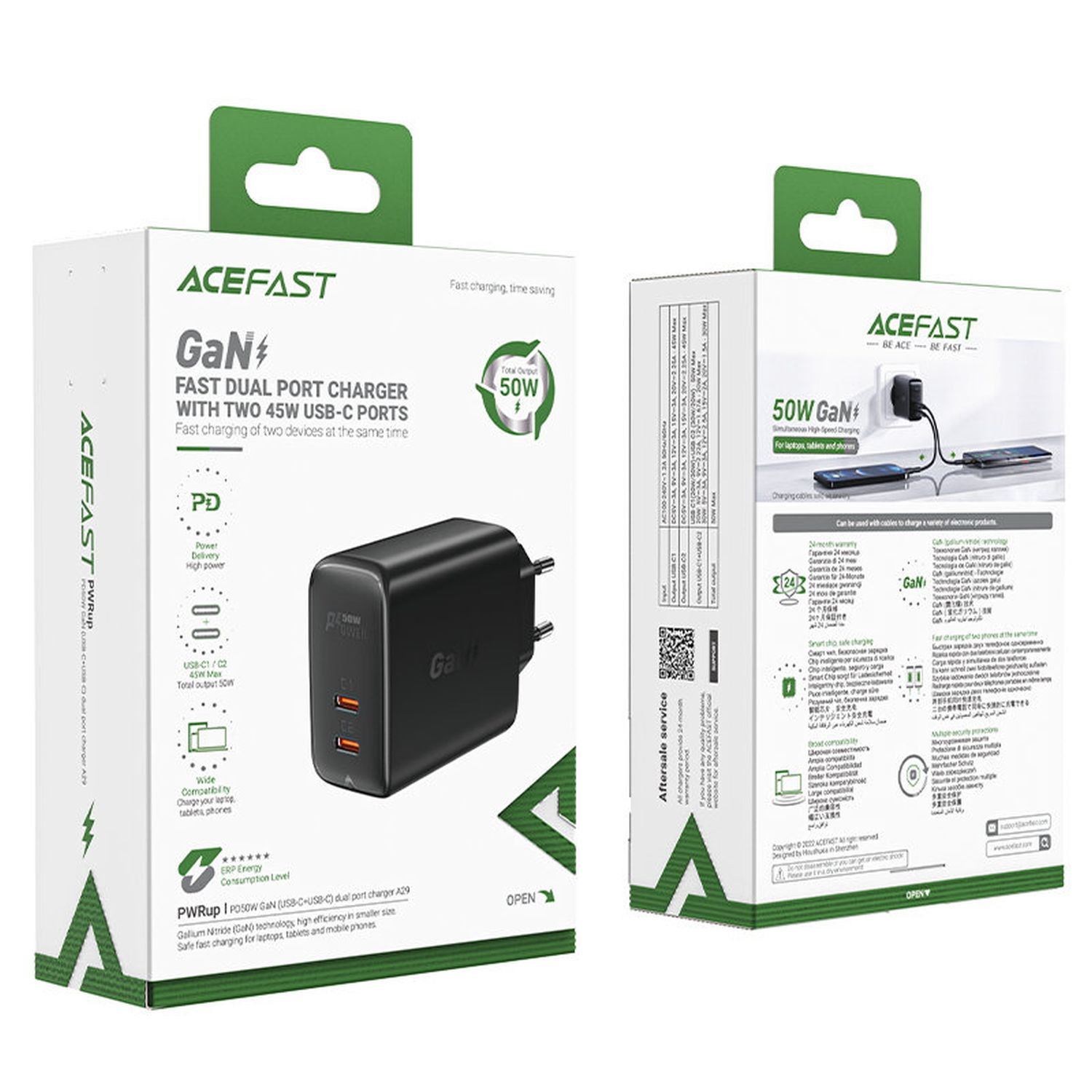 Ein schwarzer Ladeadapter mit zwei USB-C-Anschlüssen. Der Adapter befindet sich auf weißem Hintergrund.