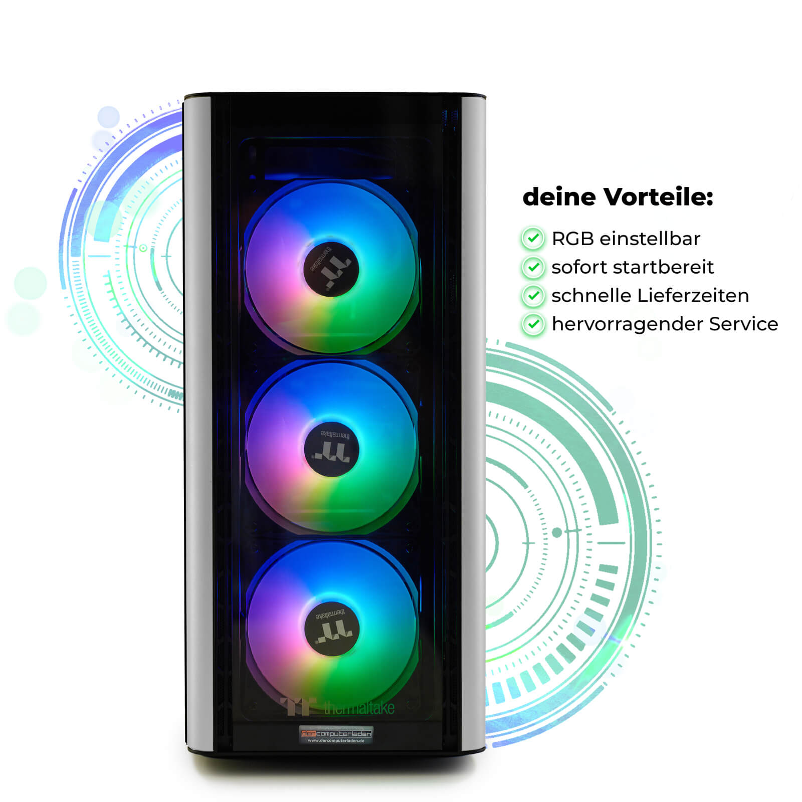 Computergehäuse mit RGB-Lüftern. Text weist auf Vorteile wie RGB-Steuerung und schnelle Lieferung hin.