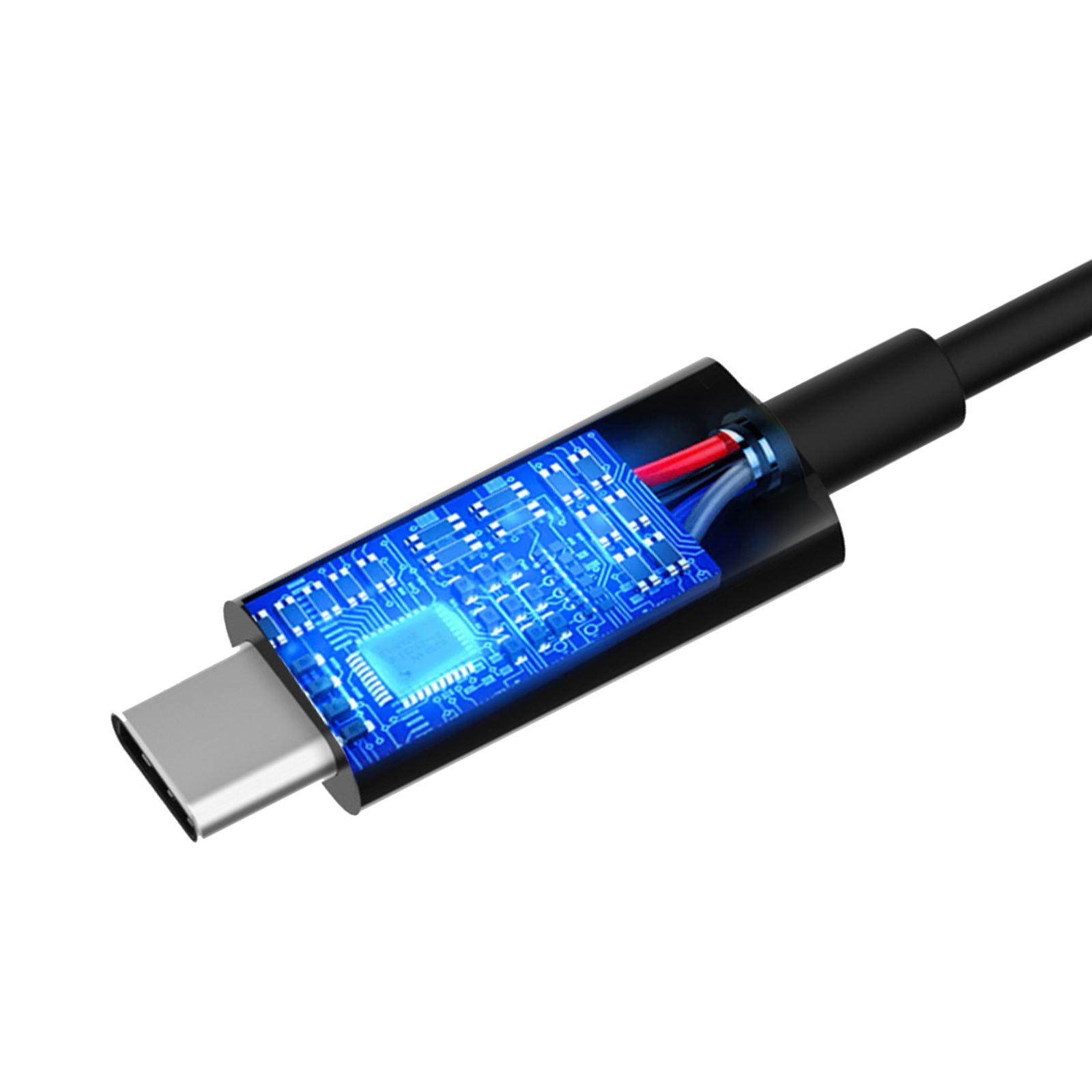 Cavo USB-C con circuito stampato visibile. Sfondo bianco.