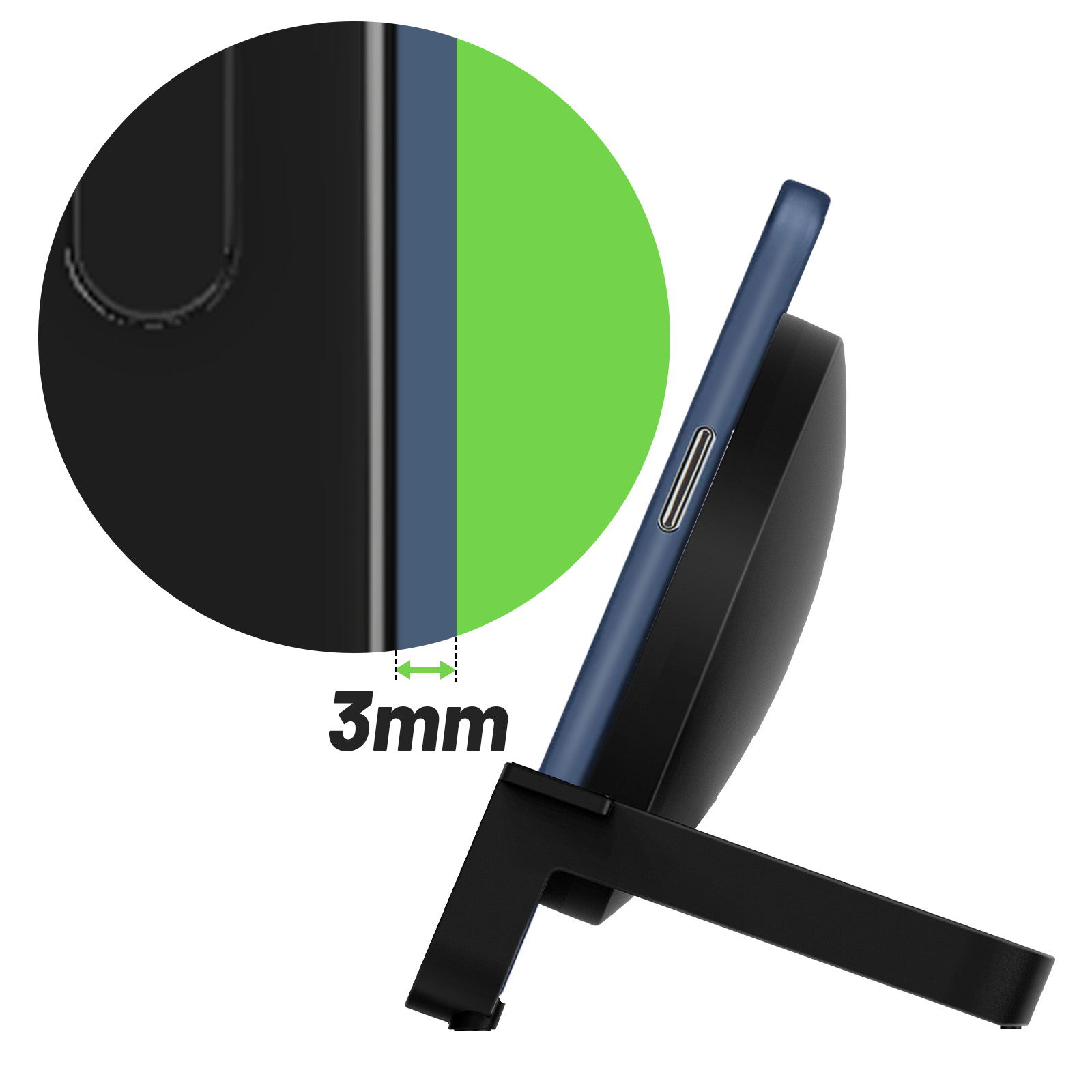 Ein Telefon in einer blauen Hülle ist aufgestellt, mit Nahaufnahme der Kante der Hülle. 3 mm werden angezeigt.