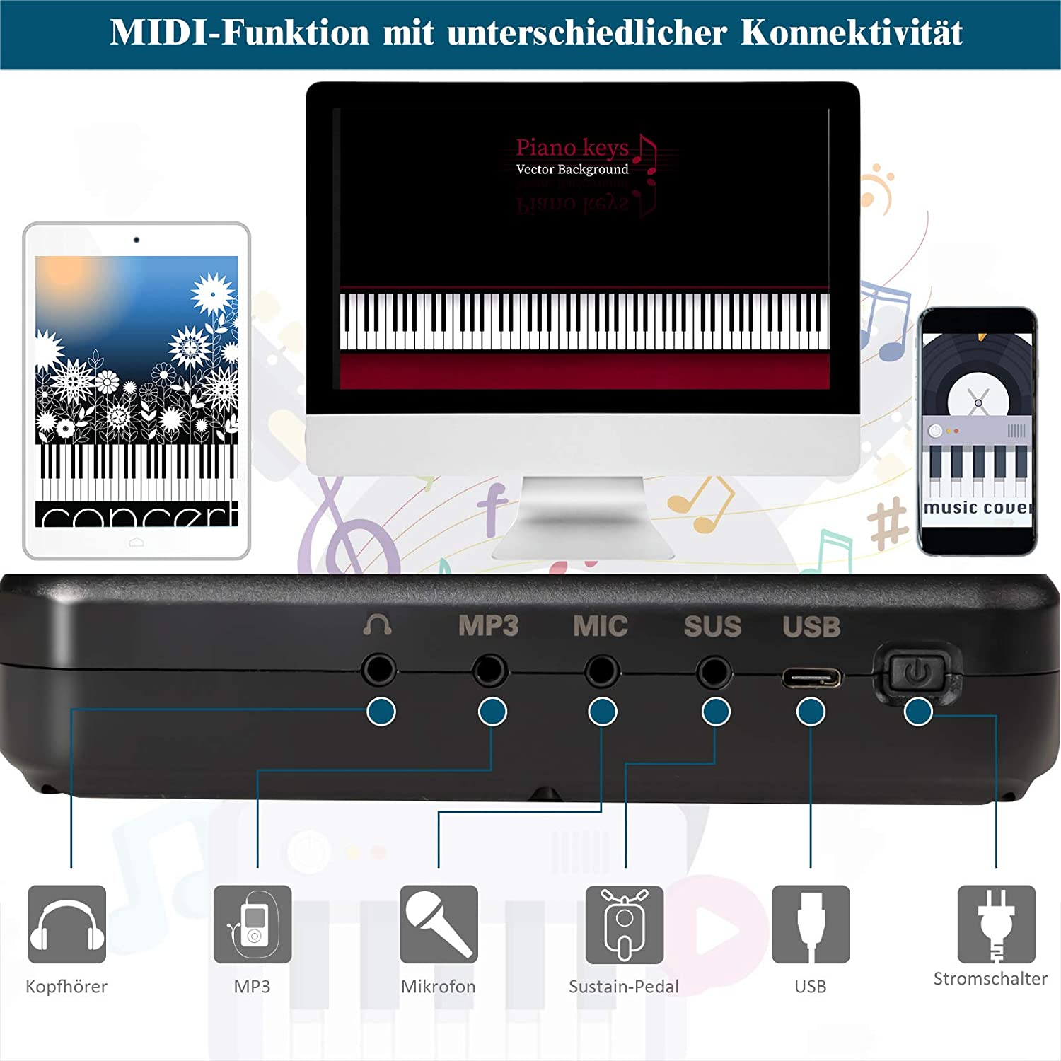 Schwarzes Musikinterface mit Tablet, Computerbildschirm und Smartphone, Musik-Elemente.