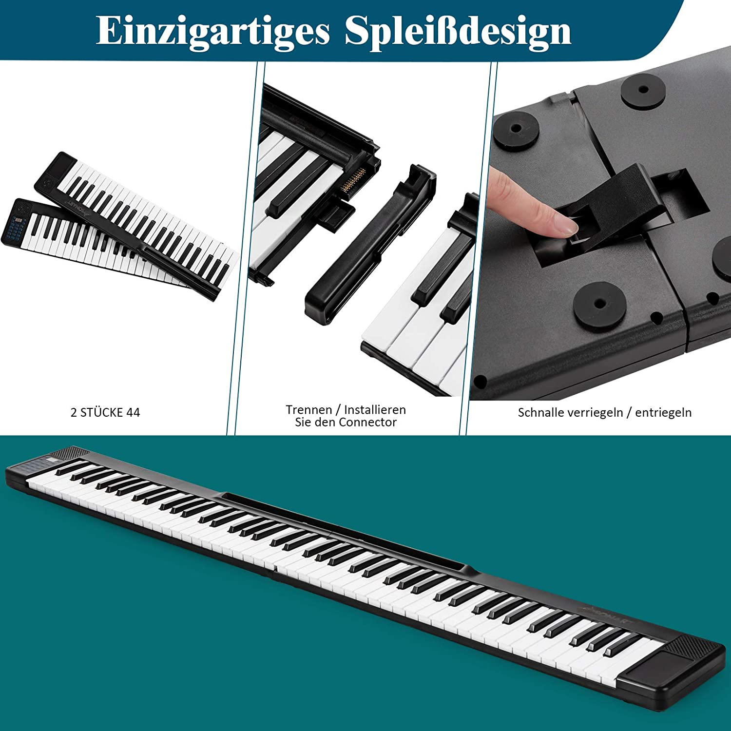 Mehrere Bilder einer Klaviatur, die Montageschritte und Details zeigen.
