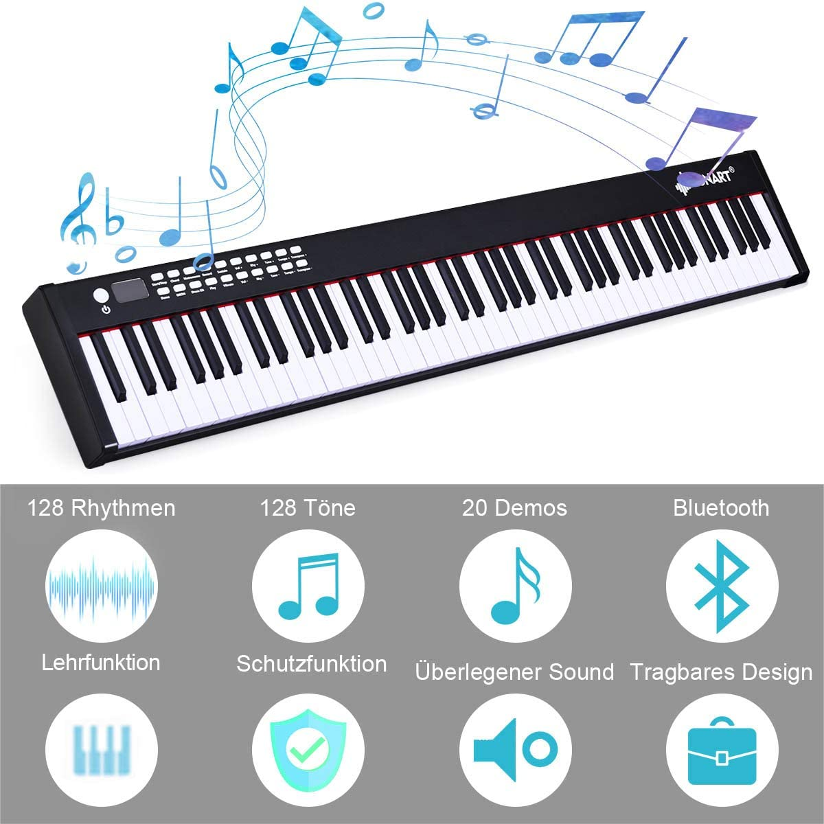 Ein schwarzes E-Piano mit bunten Notensymbolen und Beschriftungen.