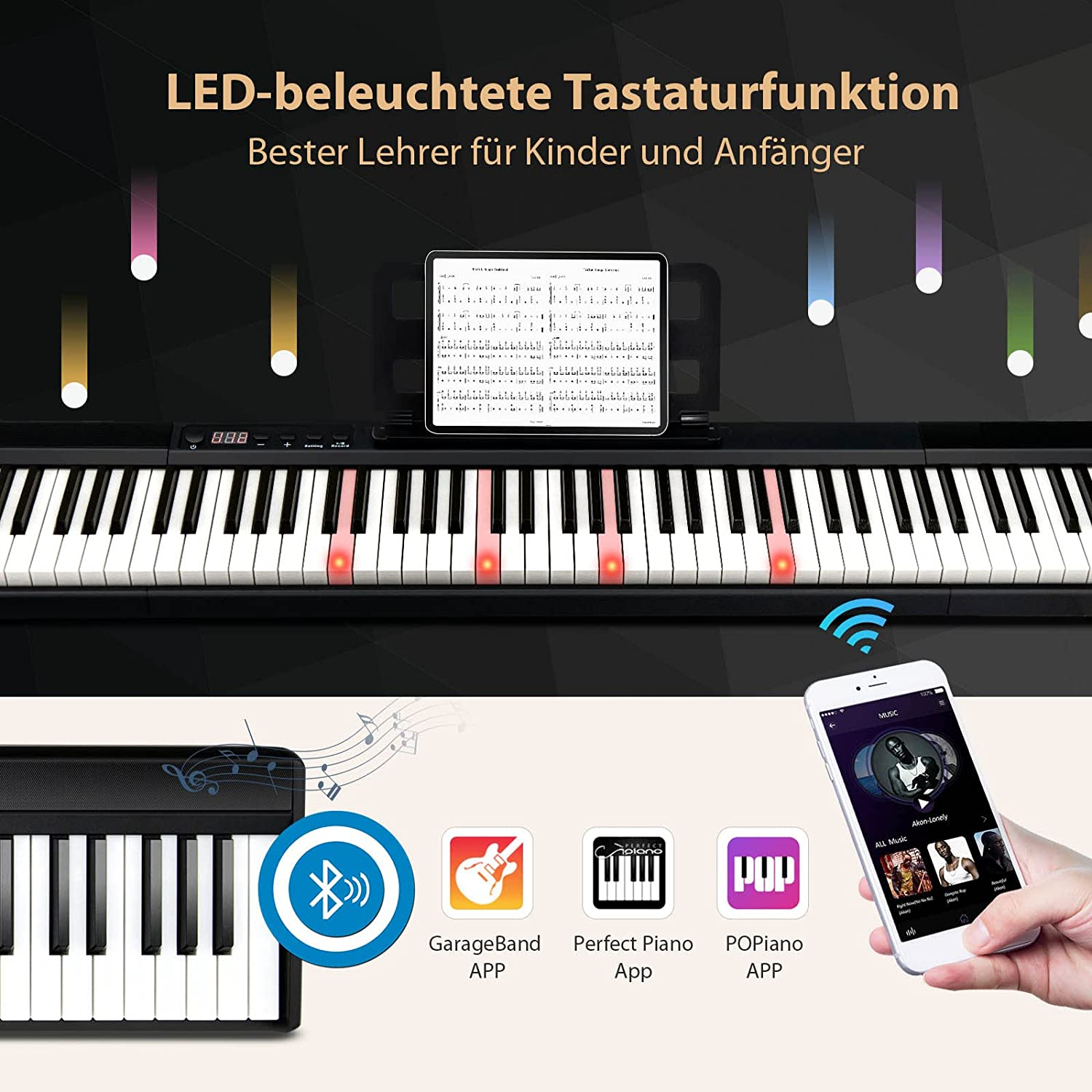 Klavier mit Lichtern, Telefon und App-Symbolen.