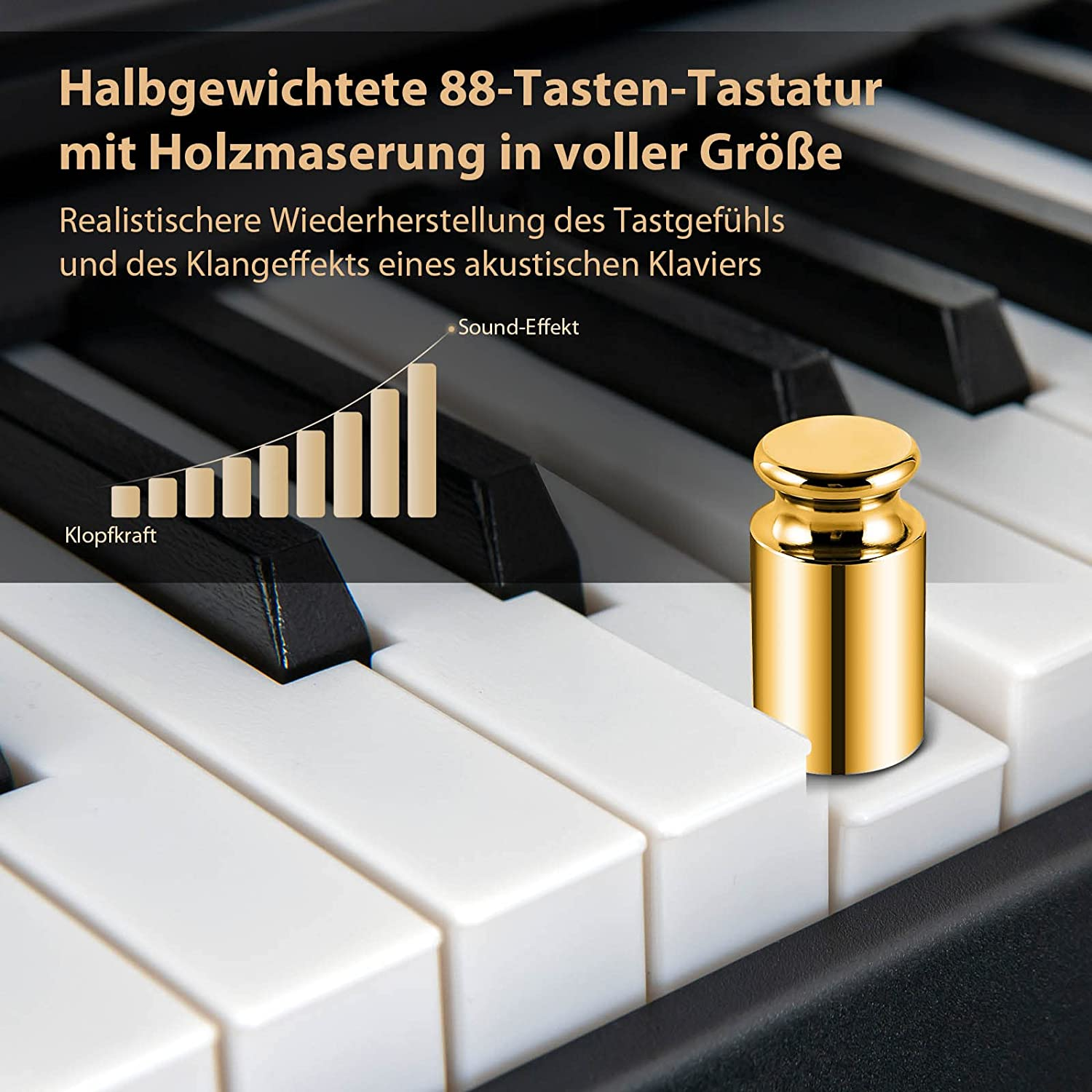 Nahaufnahme einer Klaviertastatur mit schwarzen und weißen Tasten, einem goldenen Gewicht und einem Balkendiagramm.