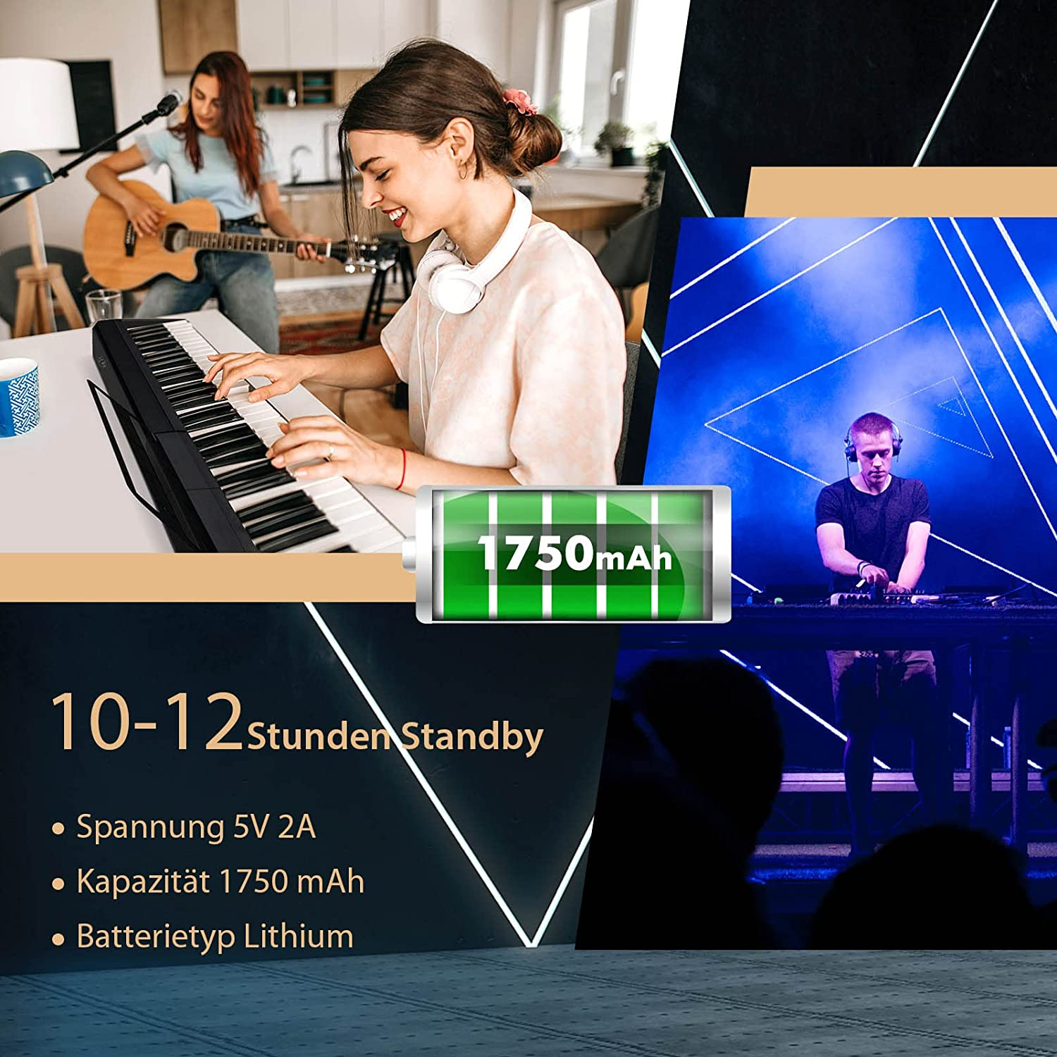 Frau spielt Klavier. Eine andere spielt Gitarre. Ein DJ auf der Bühne. Batterie-Infografik.