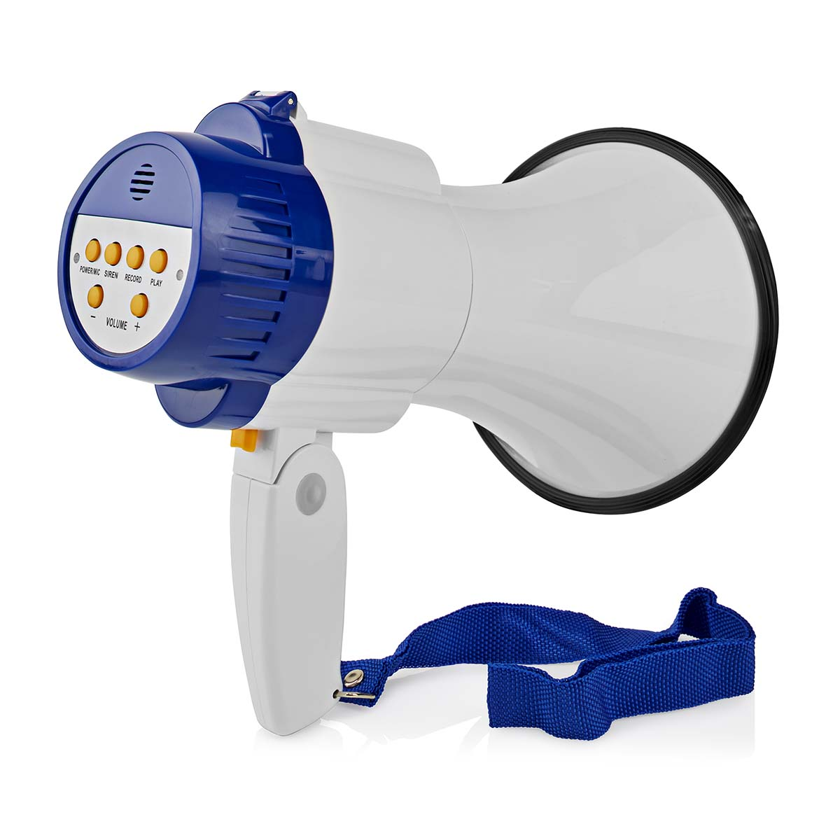 Megafono bianco e blu con pulsanti e cinturino. Sfondo bianco.