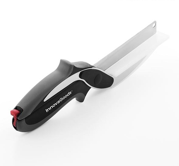 Küchenmesser mit grau-schwarzem Griff und weißem Kunststoffschutz.