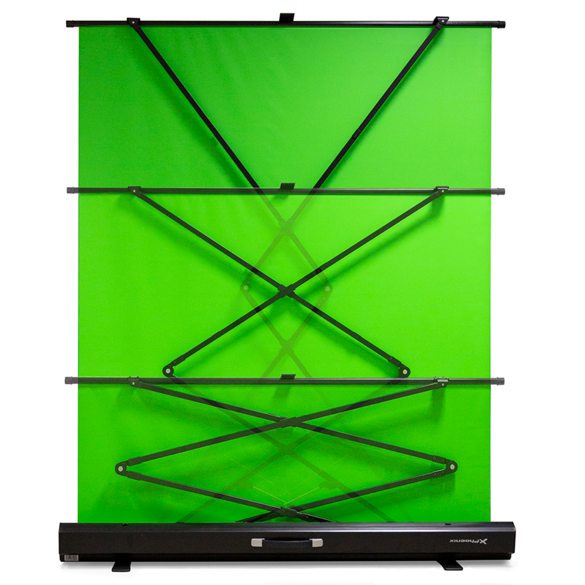Una configuración de estudio con pantalla verde con un telón de fondo verde y un soporte.