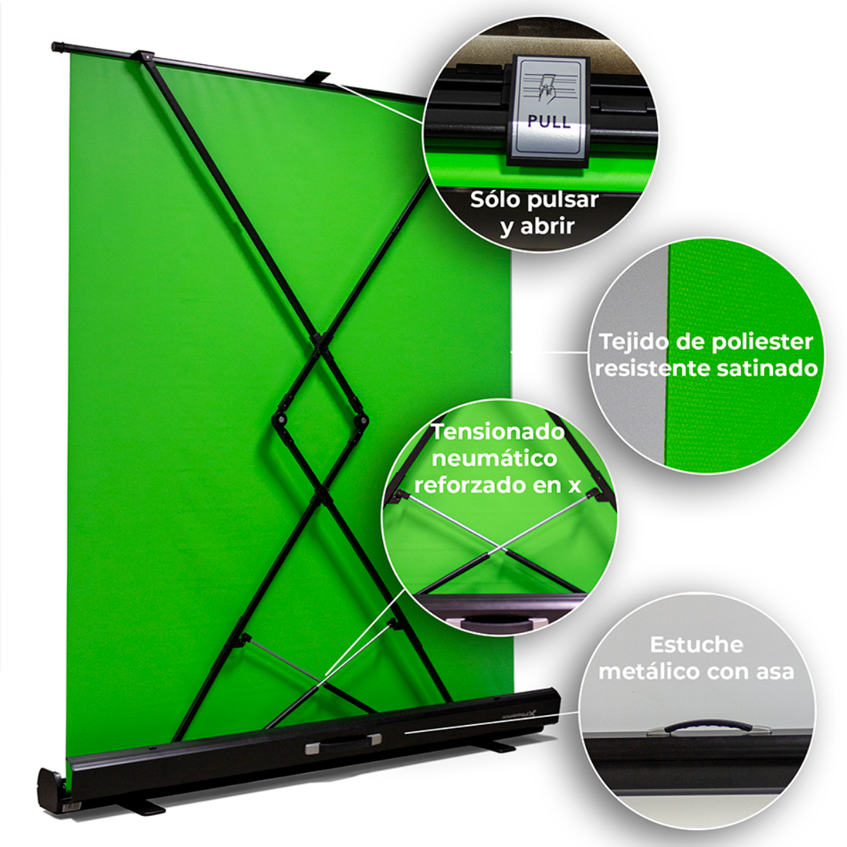 Pantalla verde con marco negro y etiquetas de texto en español. Tiene una manija para abrir.