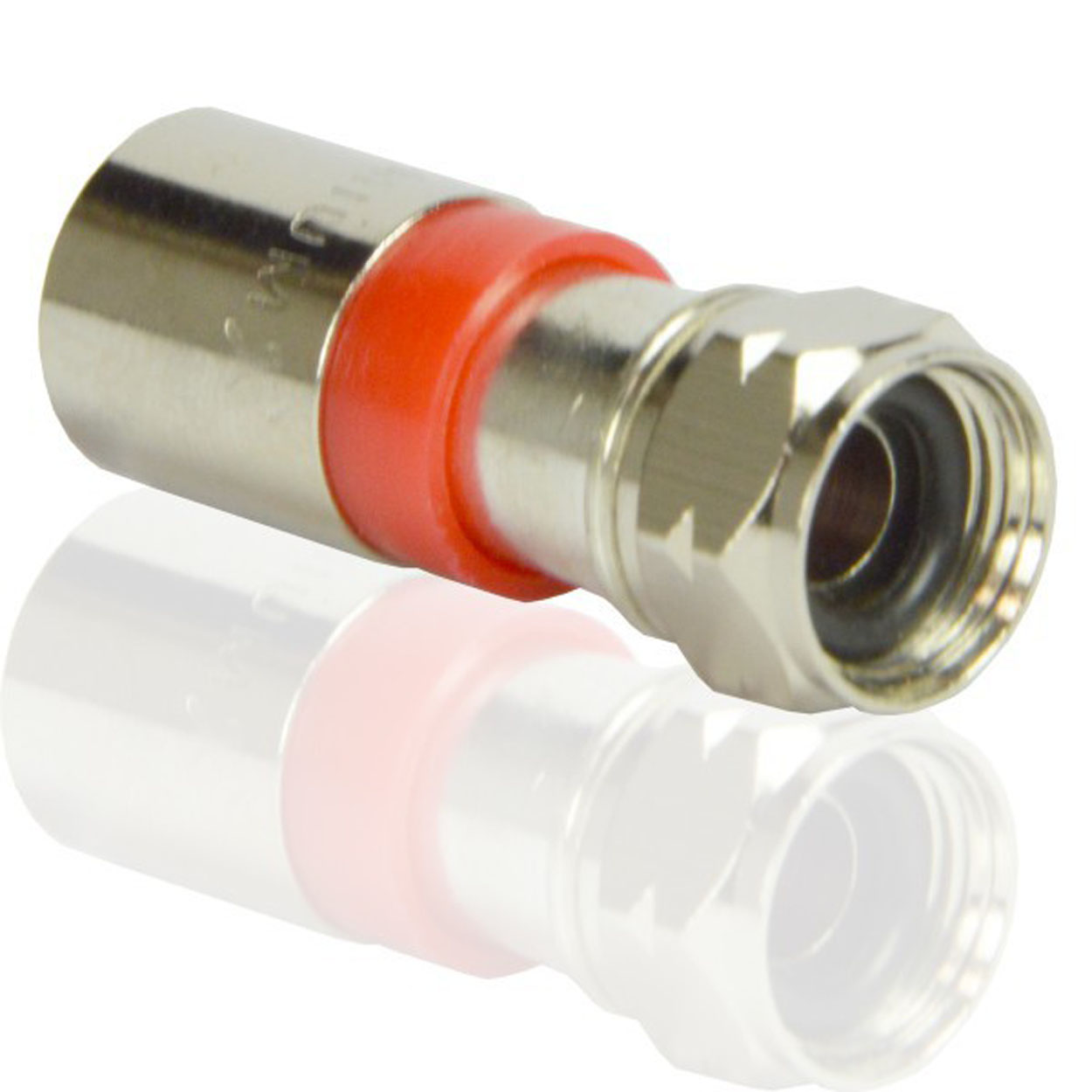 Ein silberner Koaxialstecker mit rotem Ring.