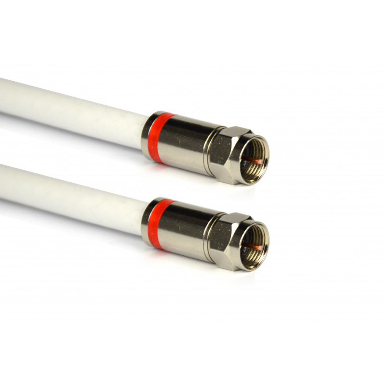 Zwei weiße Koaxialkabel mit silbernen Steckern und orangefarbenen Ringen.