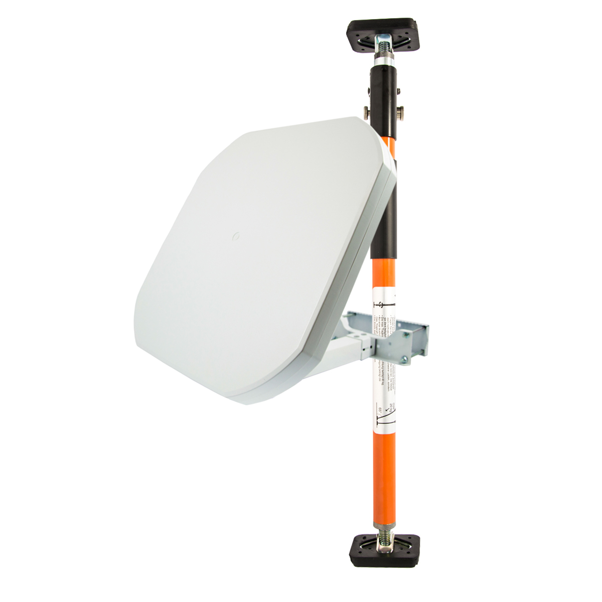 Eine weiße Antenne, montiert auf einem Mast mit orangefarbenen und schwarzen Abschnitten.