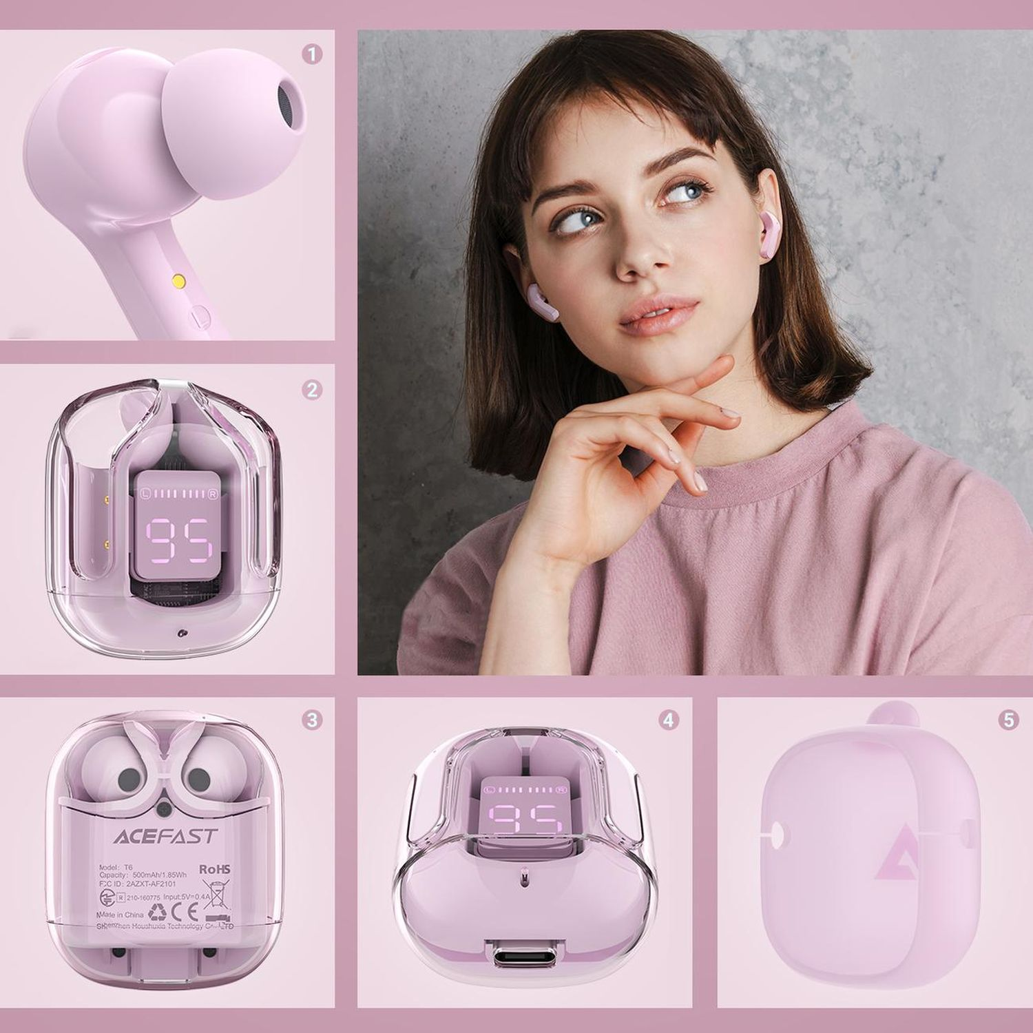 Rosa kabellose Ohrhörer, Hülle und Model in rosa Hemd. Verschiedene Winkel des Produkts werden gezeigt.