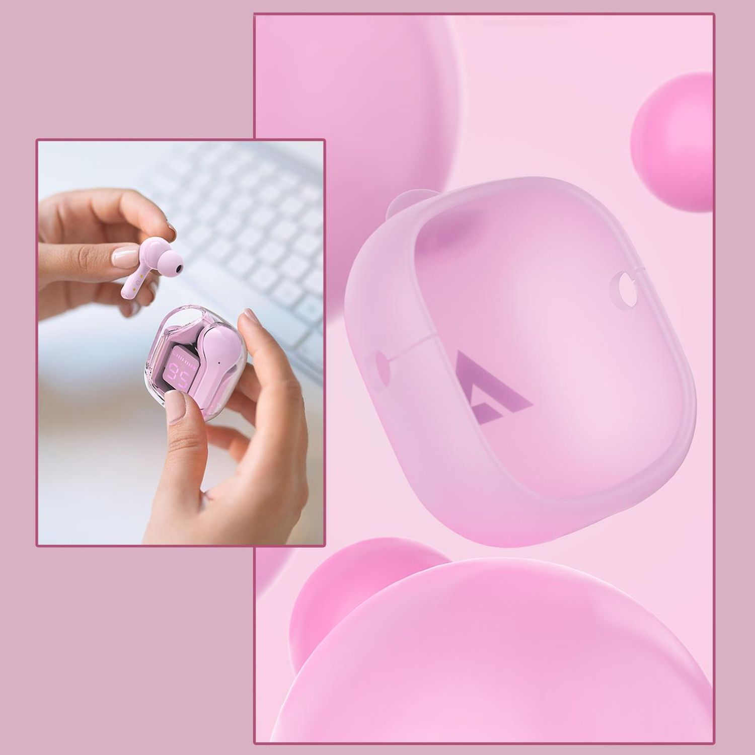 Pinke kabellose Ohrhörer, Hülle und Verpackung vor passendem pinken Hintergrund.