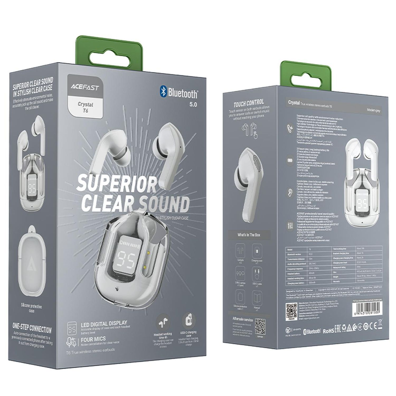 Ohrhörerbox, weiße Ohrhörer, Hülle und Produktdetails. Die Box hat einen grünen Griff und ein Bluetooth 5.0 Logo.