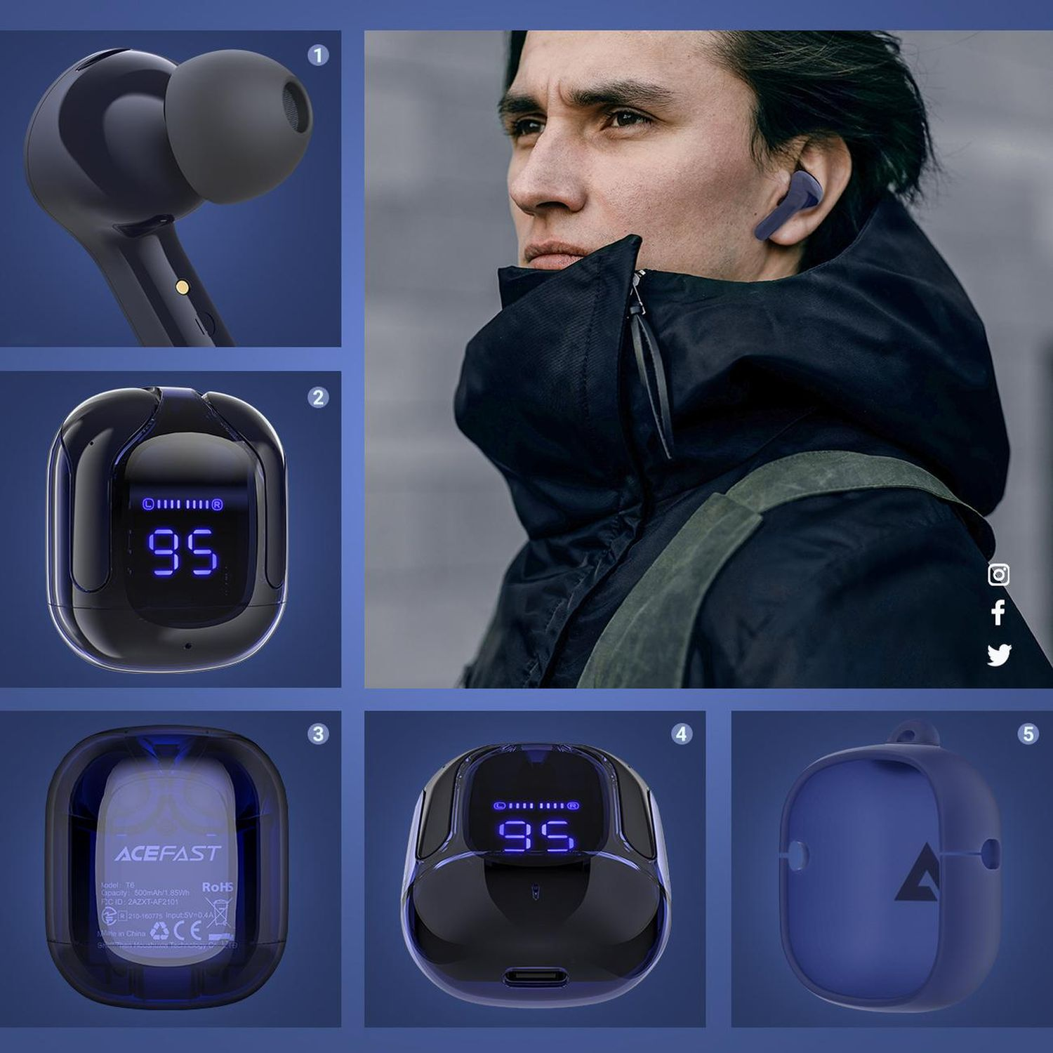 Mann mit kabellosen Ohrhörern, mit Produktaufnahmen. Blau und schwarz.
