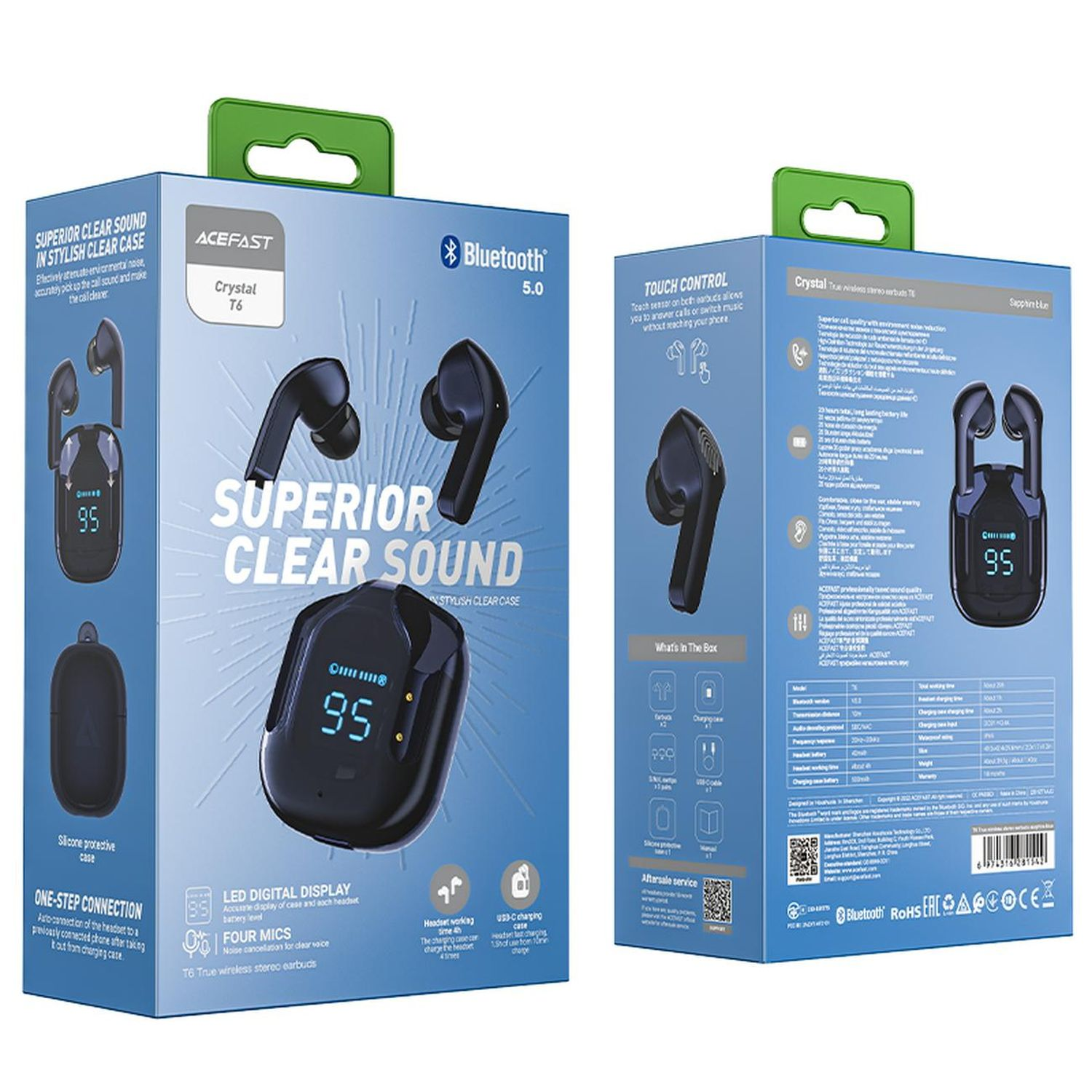 Ohrhörerbox mit Ohrhörerbild, schwarzem Ohrhörergehäuse und Texten wie 'Superior clear sound' und 'Bluetooth'.