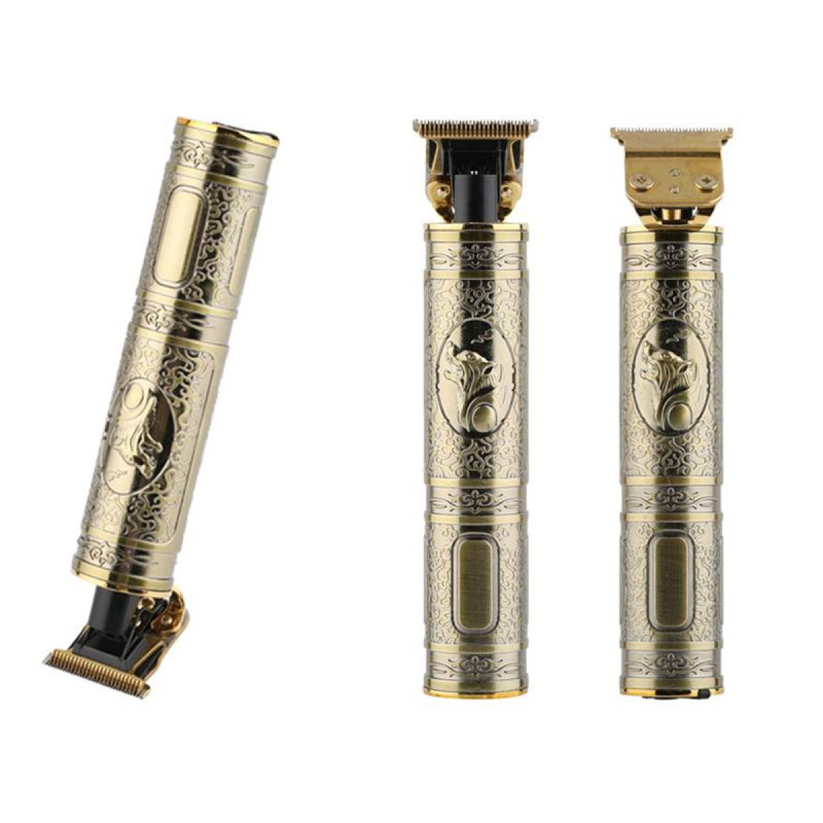 Trzy złote maszynki do włosów. Jeden jest pod kątem, pokazując ostrze. Białe tło.