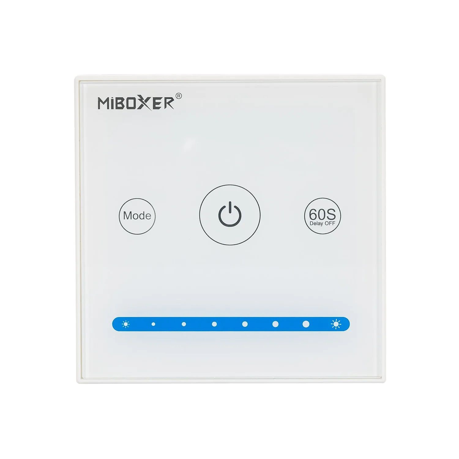 Weißes Touchpanel mit Tasten für Modus, Strom und Verzögerung. Blauer Lichtstreifen unten.