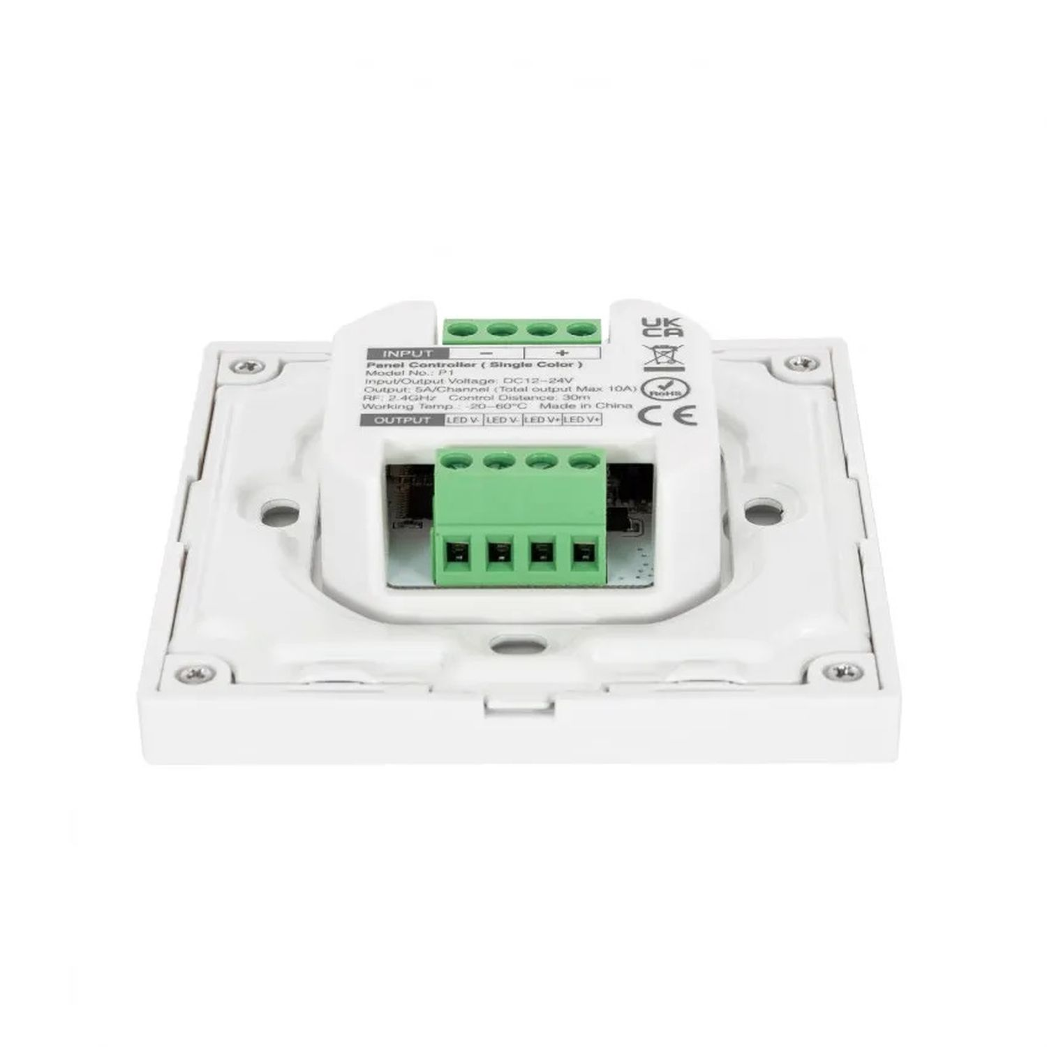 Weißer elektrischer Controller mit grünen Anschlüssen und beschrifteten Eingangs-/Ausgangsbereichen.