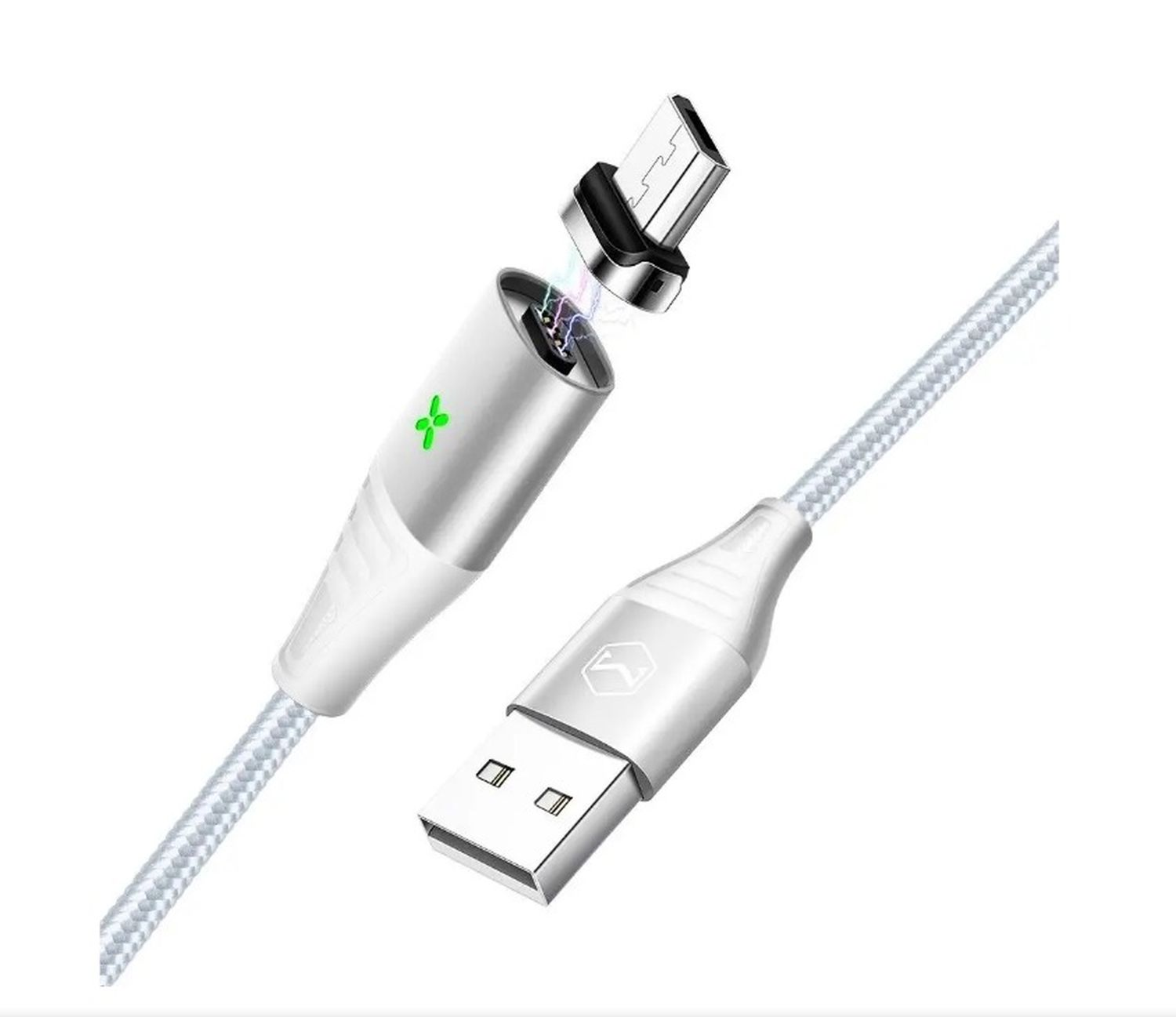 Weißes USB-Ladekabel mit Magnetanschluss, isoliert auf Weiß.