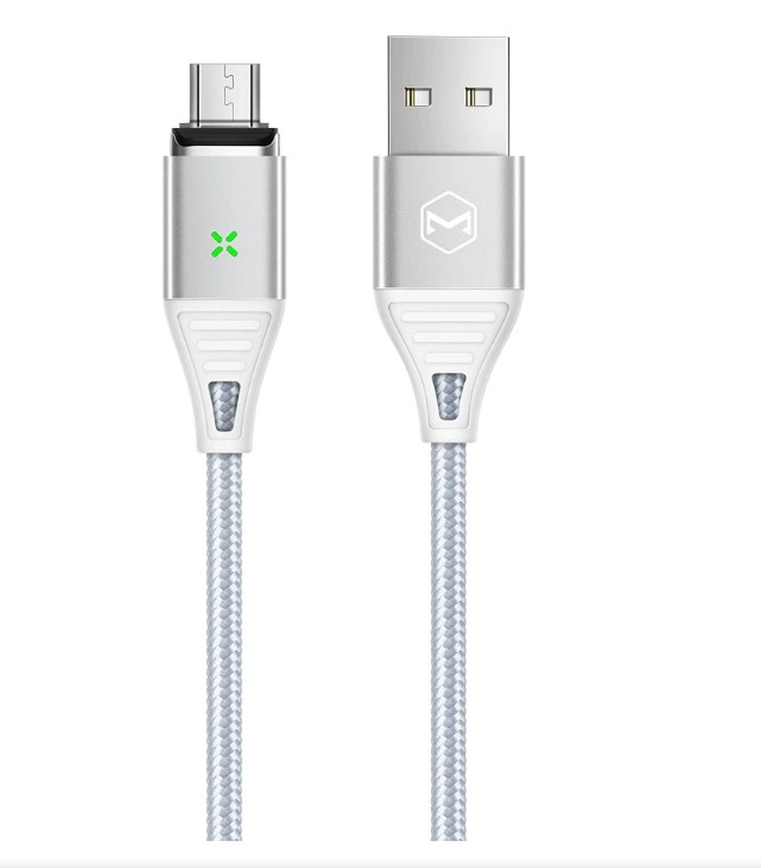 Ein silbernes USB-Kabel mit einem grünen Häkchen am USB-C-Ende und einem X am anderen Ende.