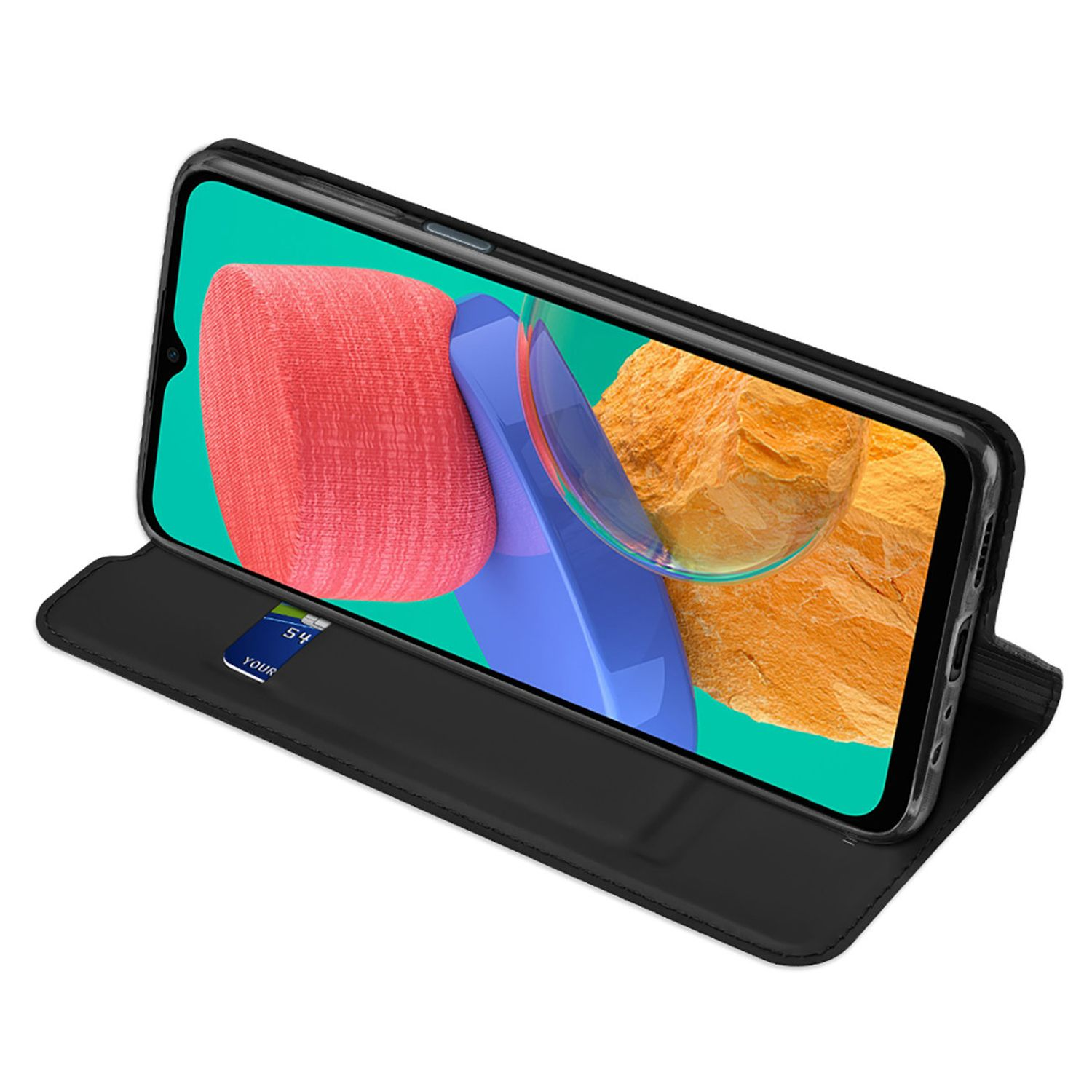 Eine schwarze Handyhülle mit einem Telefon darin wird gezeigt.