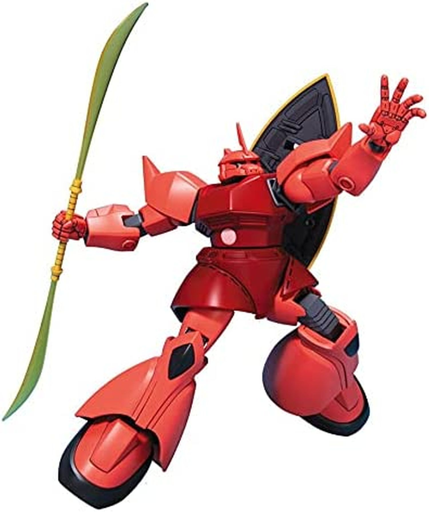 Roter Roboter mit grünem Stab. Es hat einen Schild und posiert mit erhobenem Arm.
